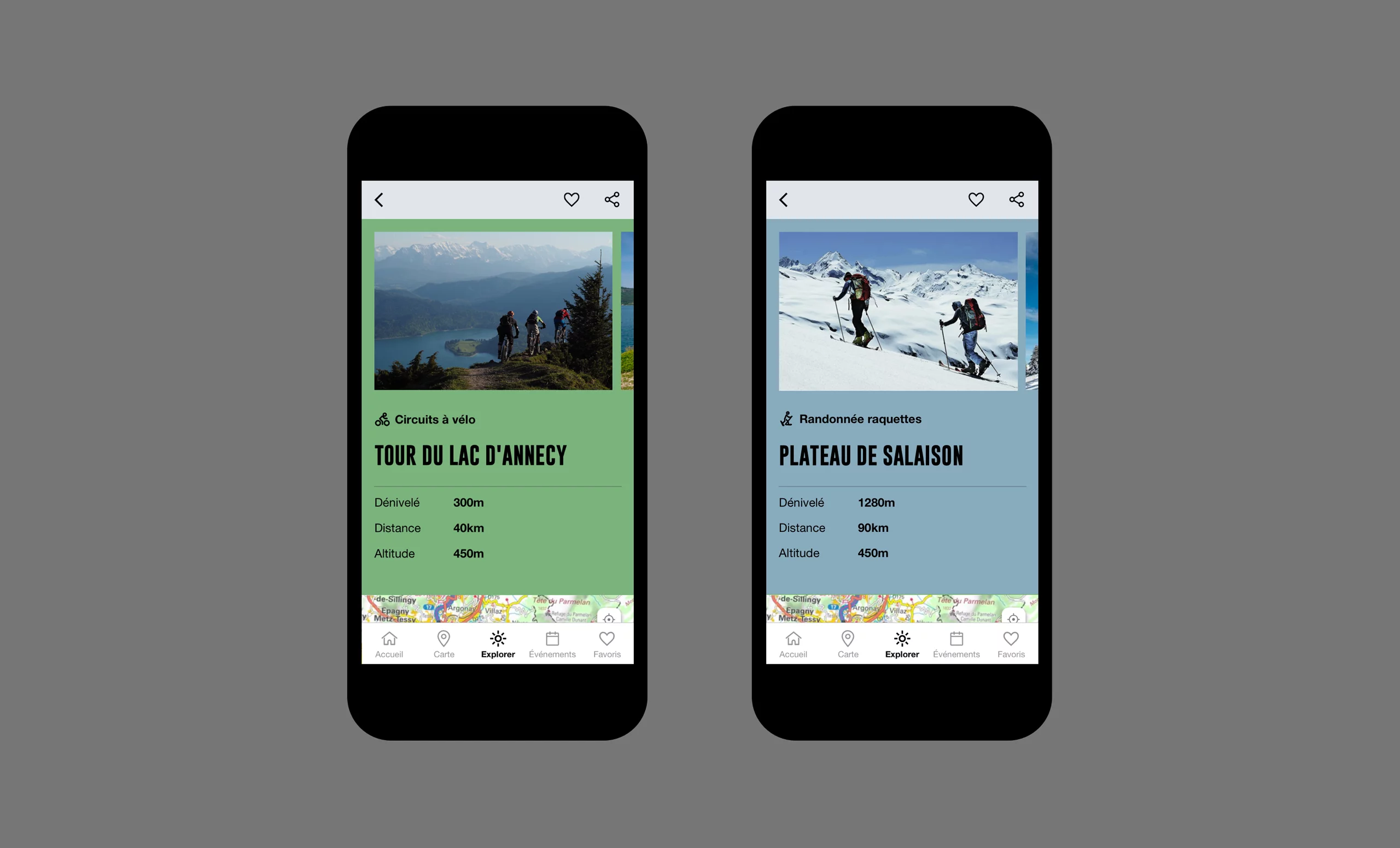 Page détail d'un itinéraire sur mobile, en version hiver et été, avec un slider photo et les informations sur l'itinéraire