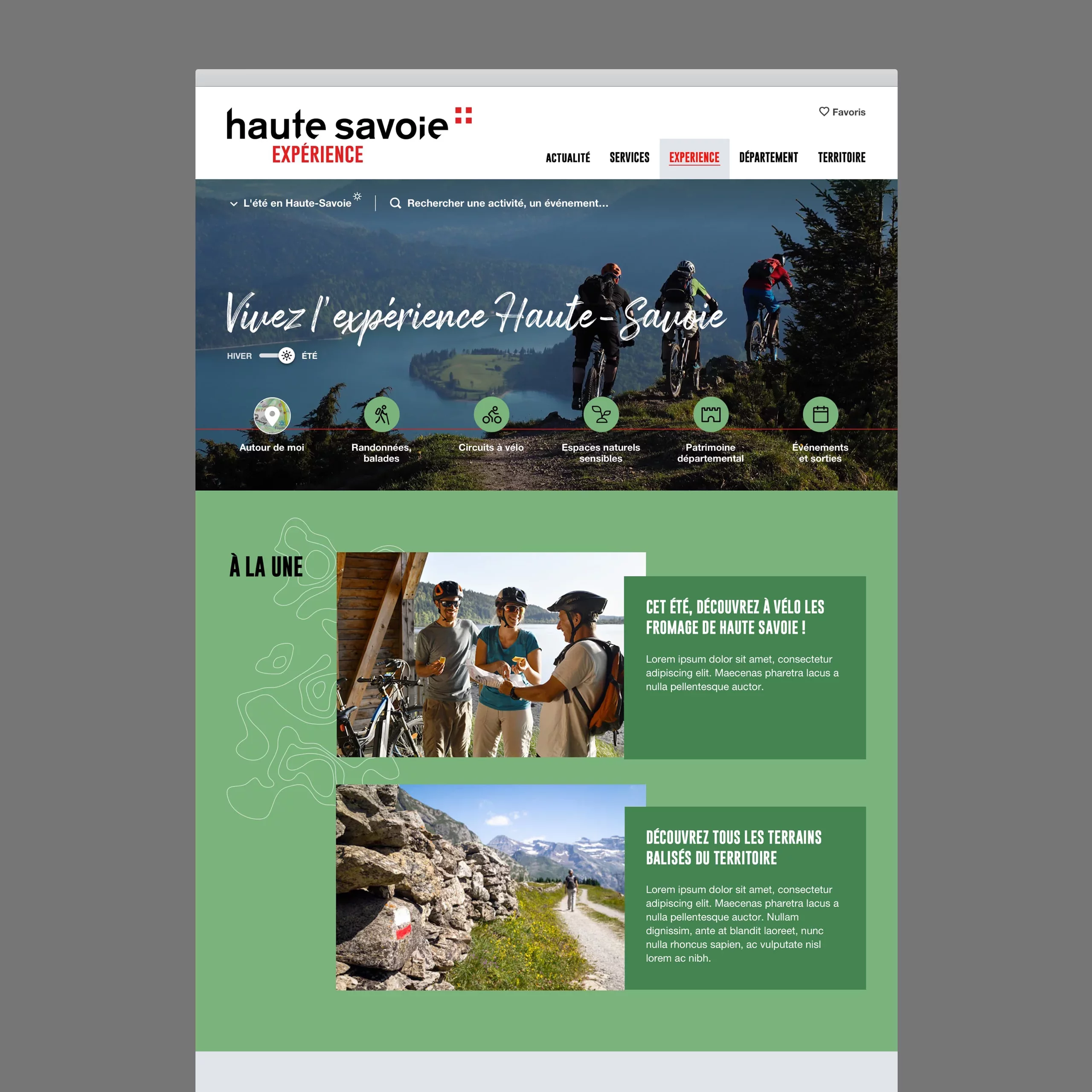 Maquette desktop de la page d'accueil, avec une grande photo de une et une navigation pictographique qui met en avant les typologies de contenu du site.