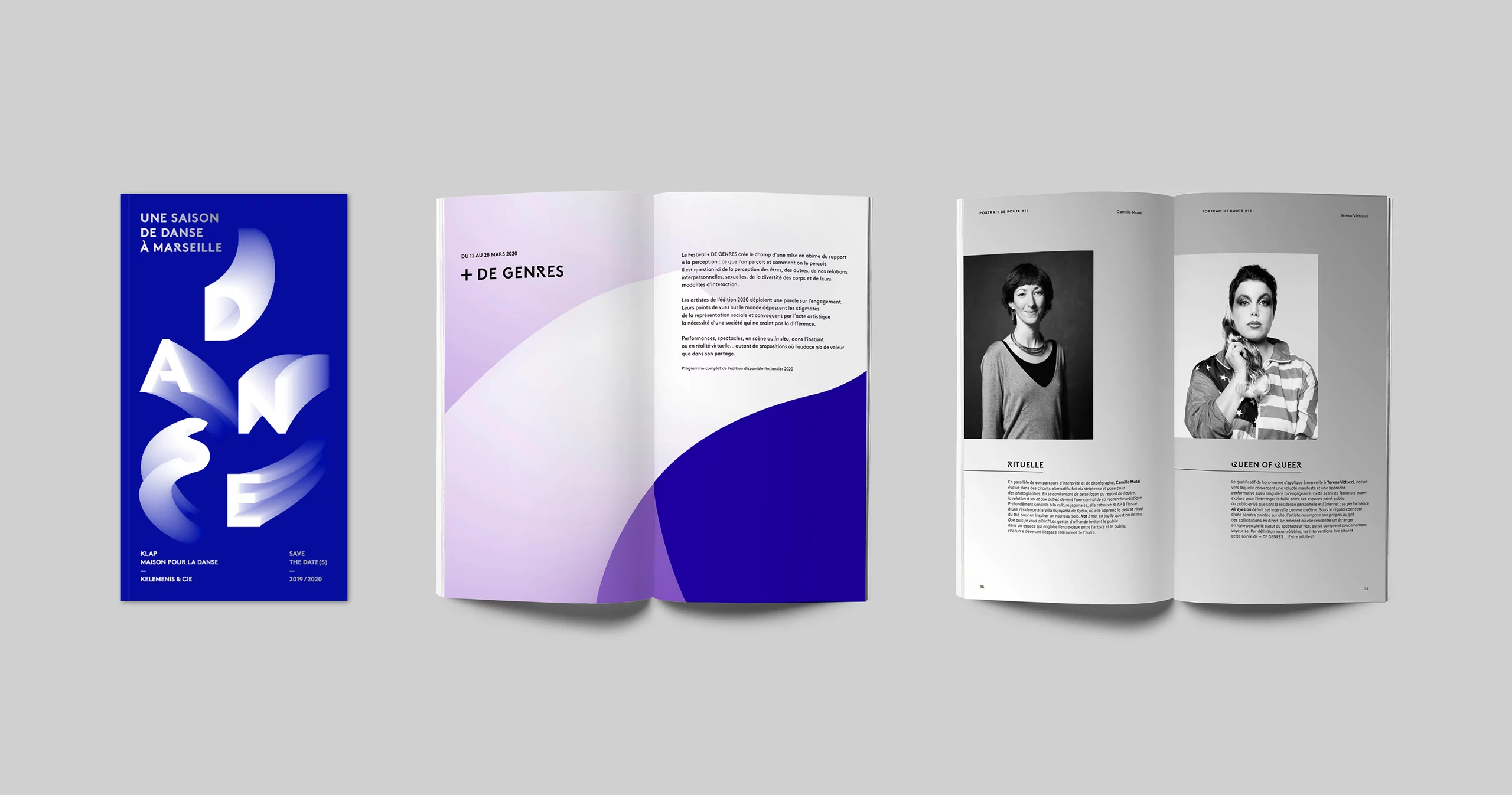 Couverture et pages intérieures de la brochure une saison de danse à Marseille 2019-2020. Jeux de lettres blanches en volumes filantes sur fond bleu