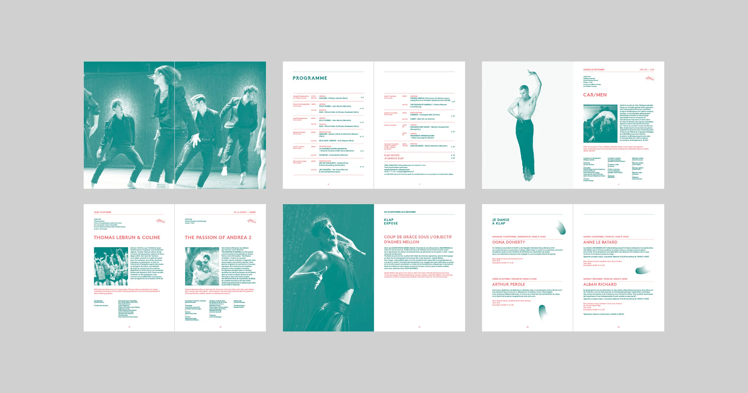 Pages intérieures de la brochure Question de danse 2019. Mise en page des photographies de spectacles et textes