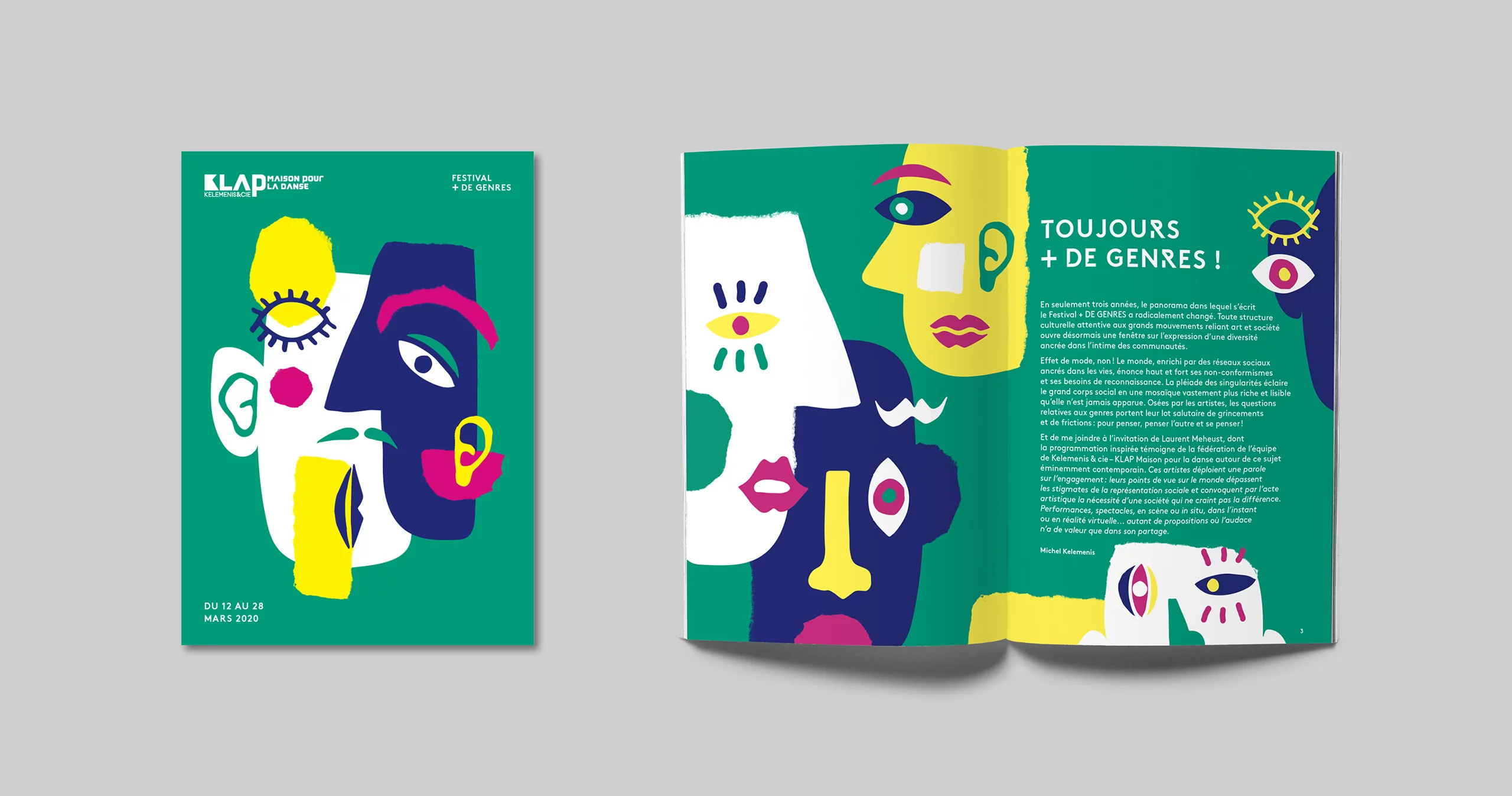 Couverture et page intérieure de la brochure Festival Plus de genre 2020. Composition d'un visage avec des formes graphiques hétéroclites, colorées et abstraites qui se superposent