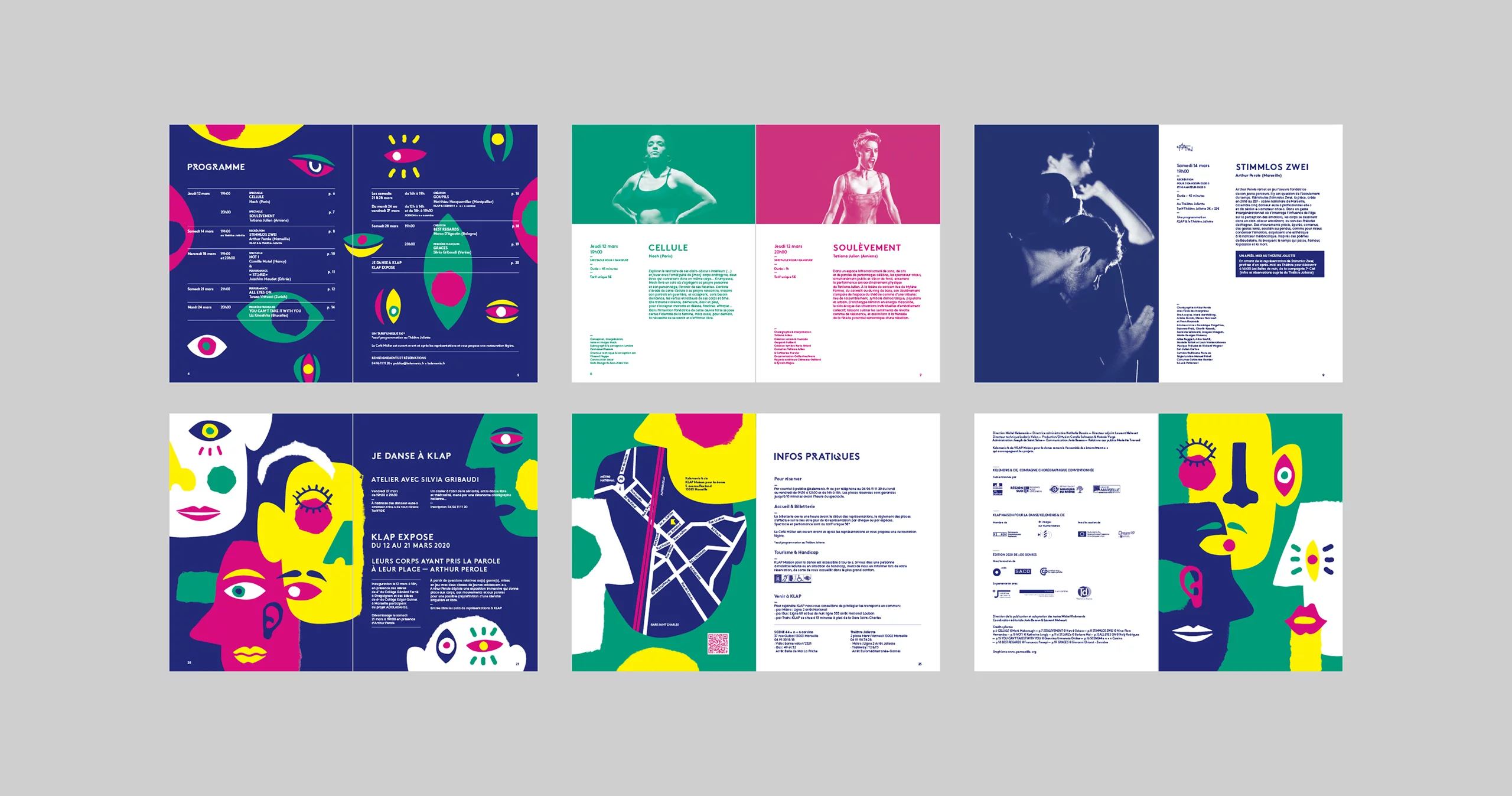 Pages intérieures de la brochure Festival Plus de genre 2020. Déclinaison de différents visage composés de formes graphiques hétéroclites, colorées et abstraites qui se superposent