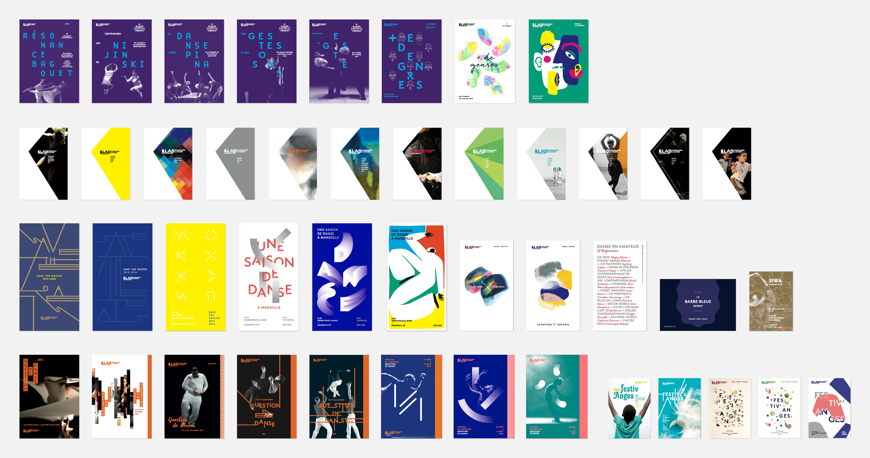 Ensemble des couvertures des brochures pour Klap Maison pour la danse depuis 2012