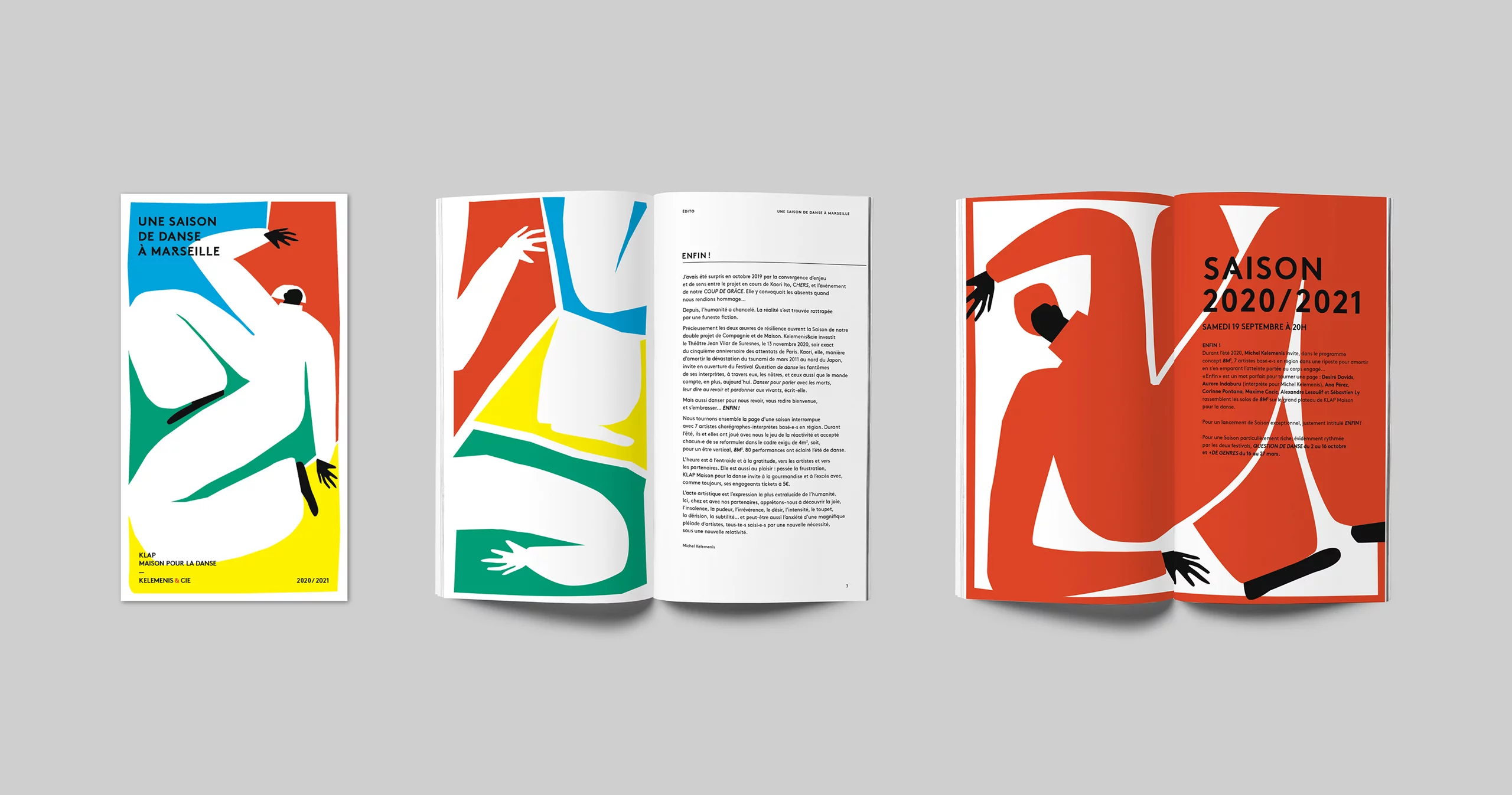 Couverture et pages intérieures de la brochure une saison de danse à Marseille 2020-2021. Silhouette de personnages sur fond de couleurs dans un style papier découpé
