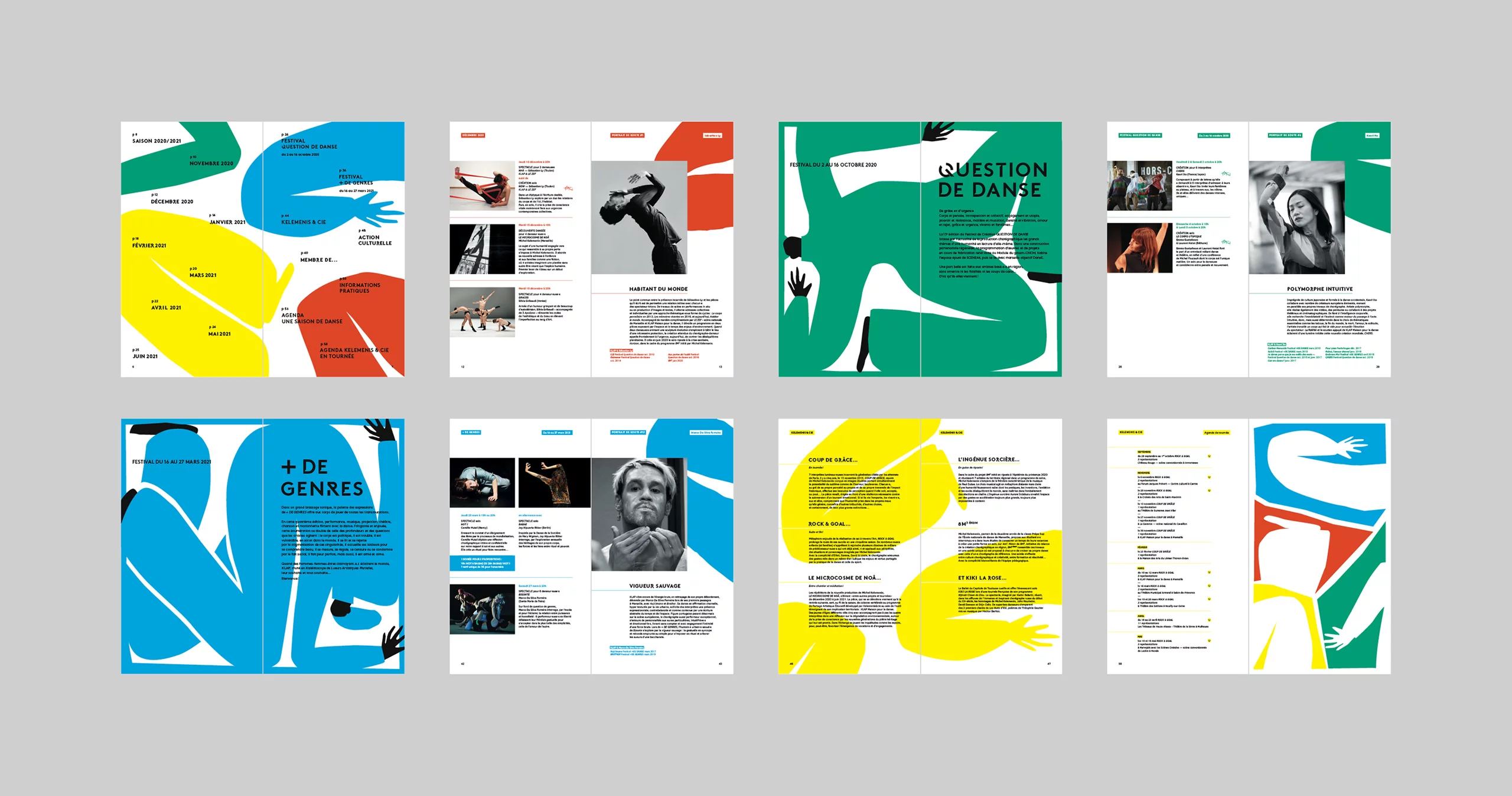 Pages intérieures de la brochure une saison de danse à Marseille 2020-2021. Déploiement des illustrations dans un style papier découpé