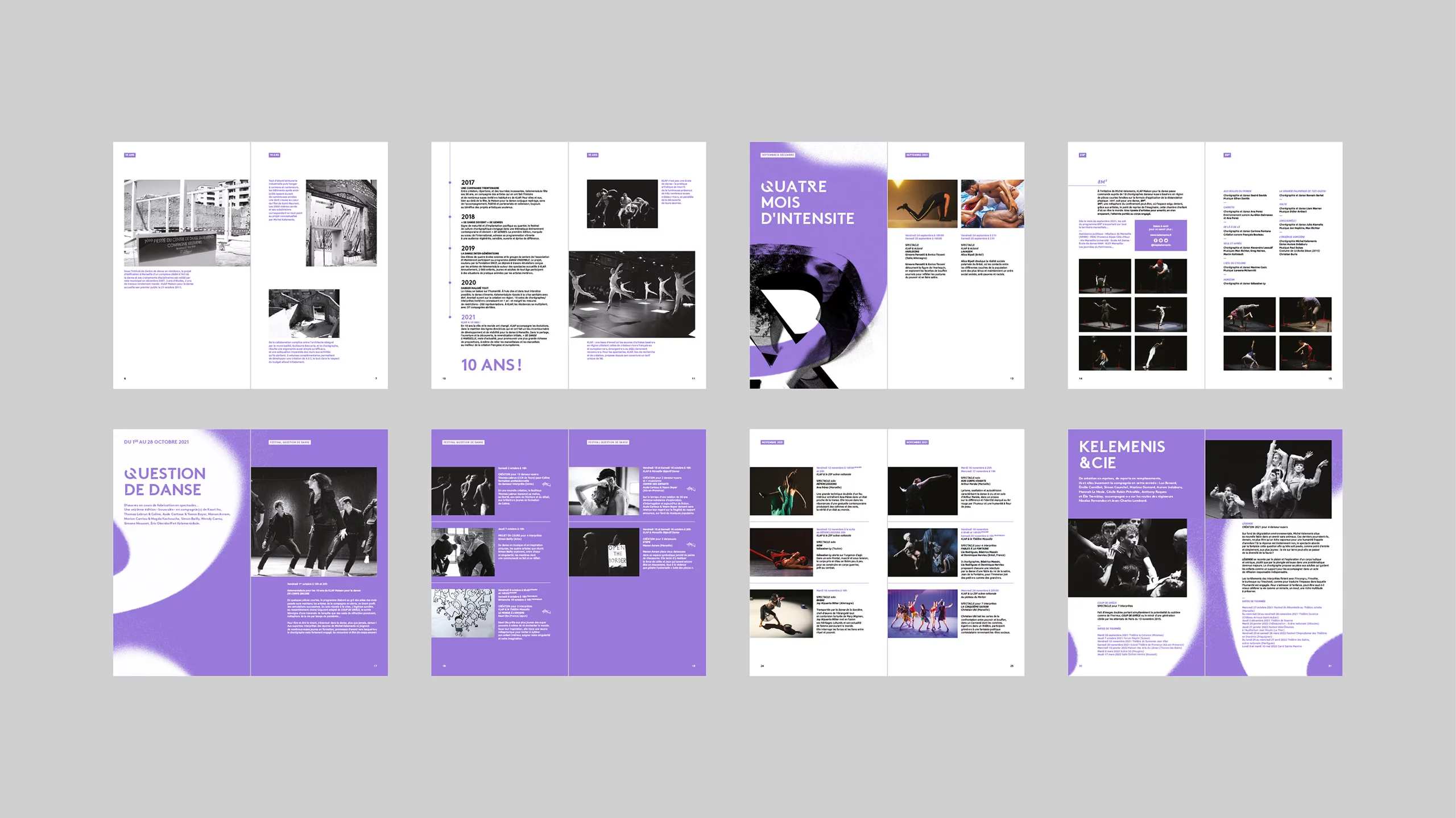 Pages intérieures de la brochure une saison de danse à Marseille 2021. Déploiement du système graphique de la couverture