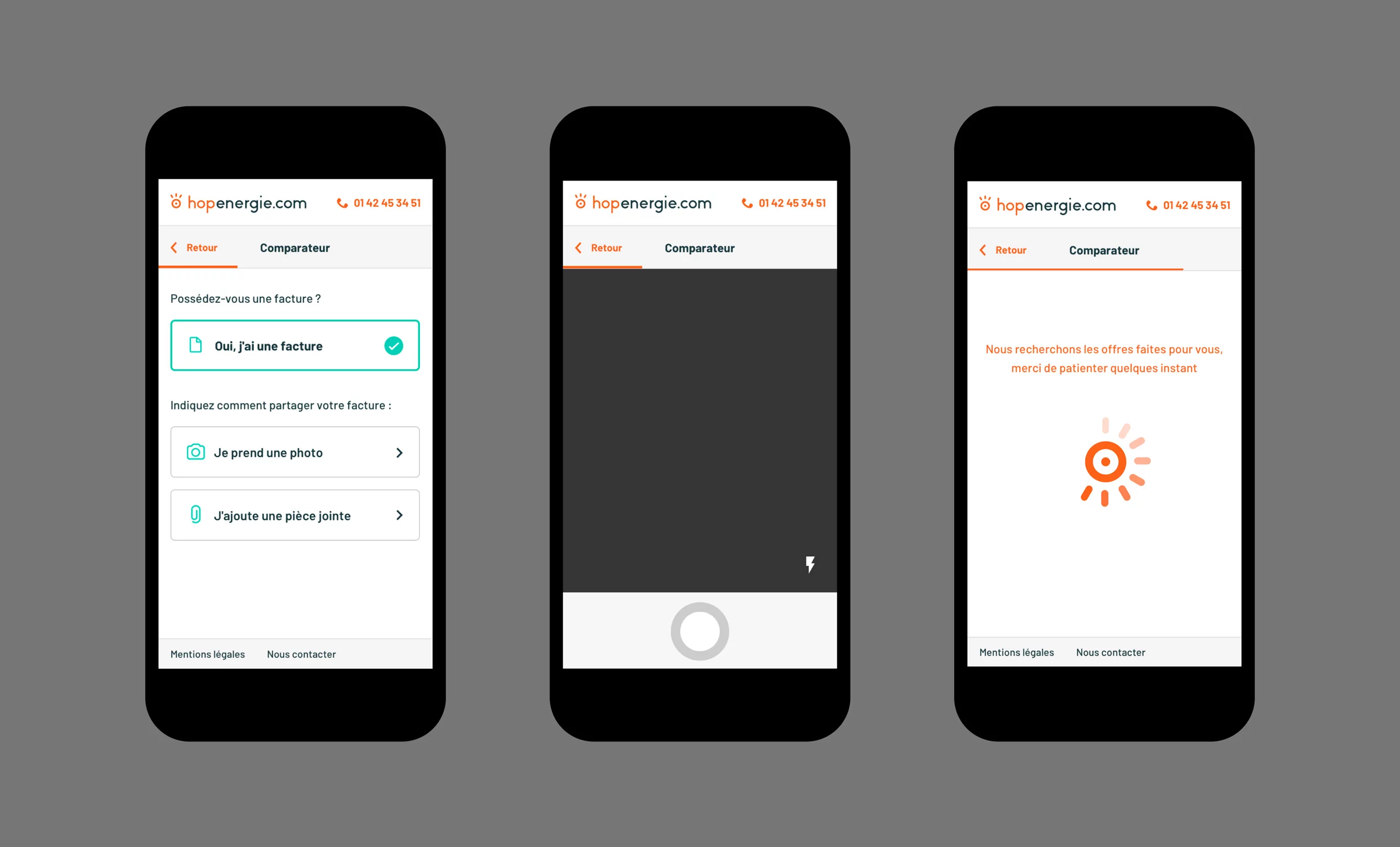 Design mobile des différentes étapes du comparateur du site Hopenergie