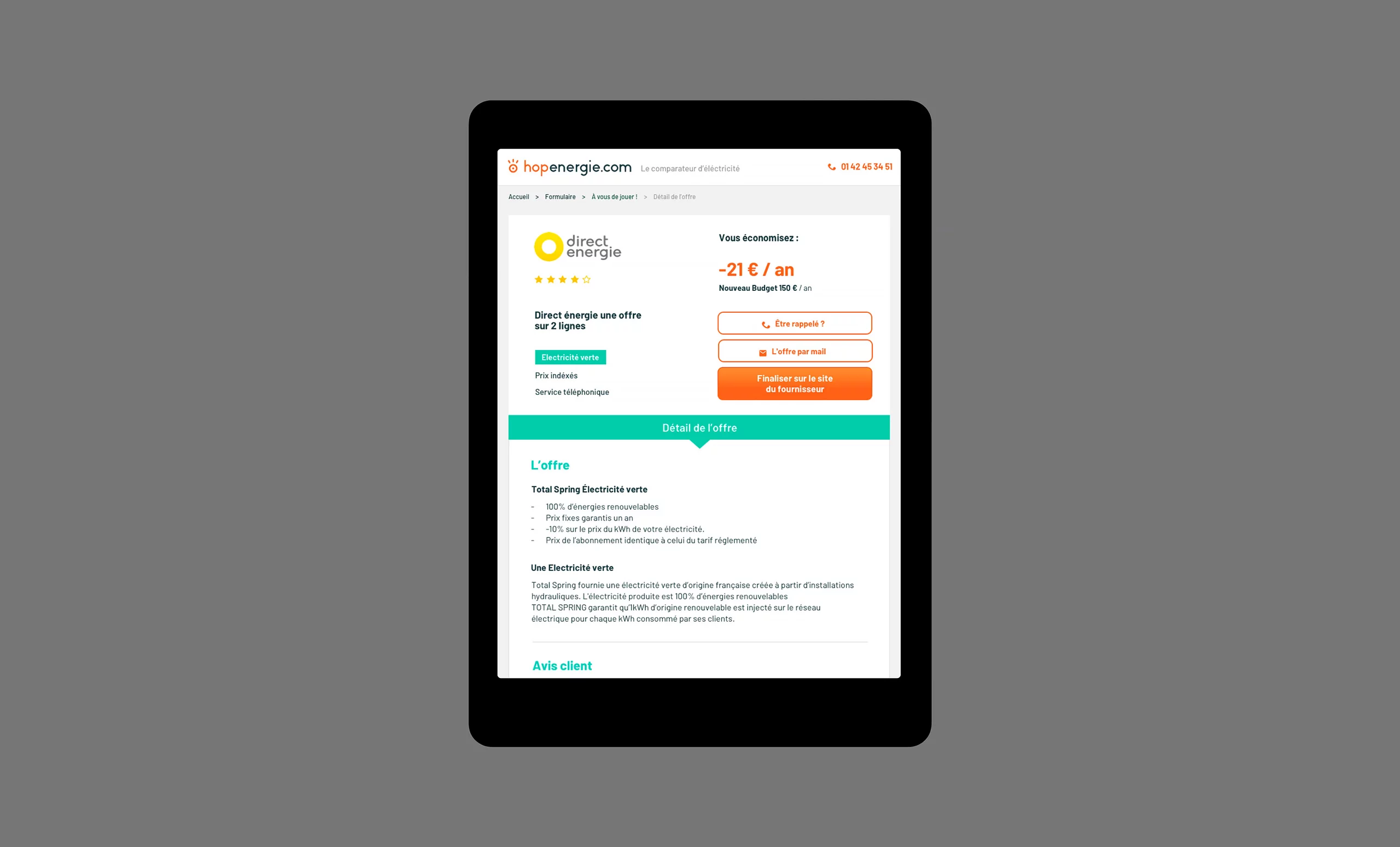 Maquette au format tablette d'une page détails d'une offre du comparateur, avec les informations sur l'offre, les avis clients, et des boutons de contact ou de redirection vers le site du fournisseur