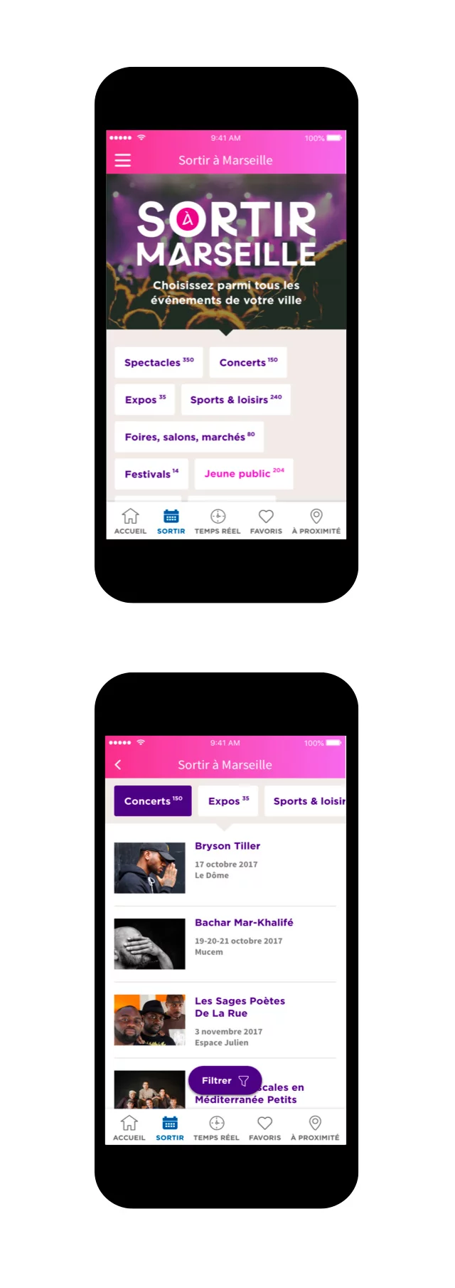 Design UX/UI mobile de la page sortir avec la liste des événements du site de la ville de Marseille