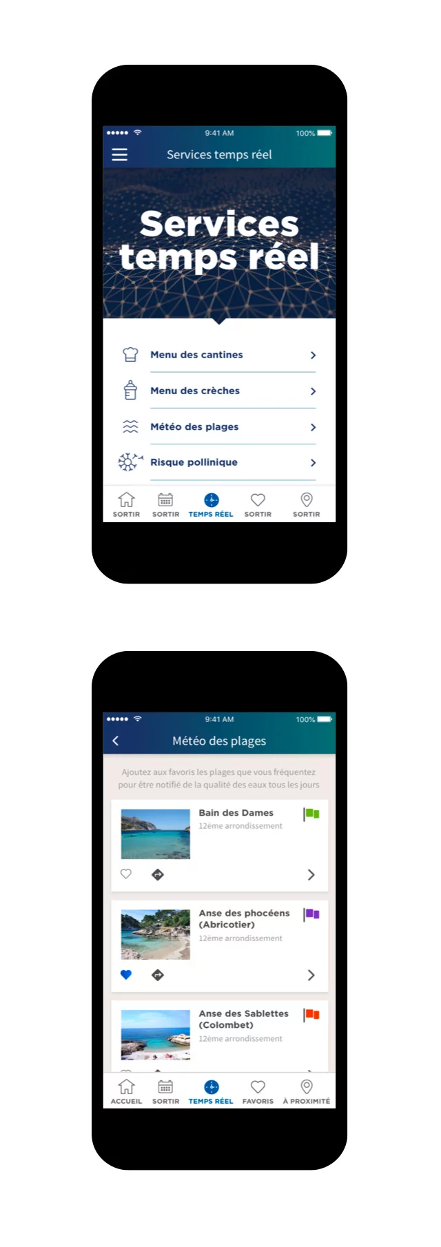 Design UX/UI mobile de la page services en temps réel avec la liste des services du site de la ville de Marseille