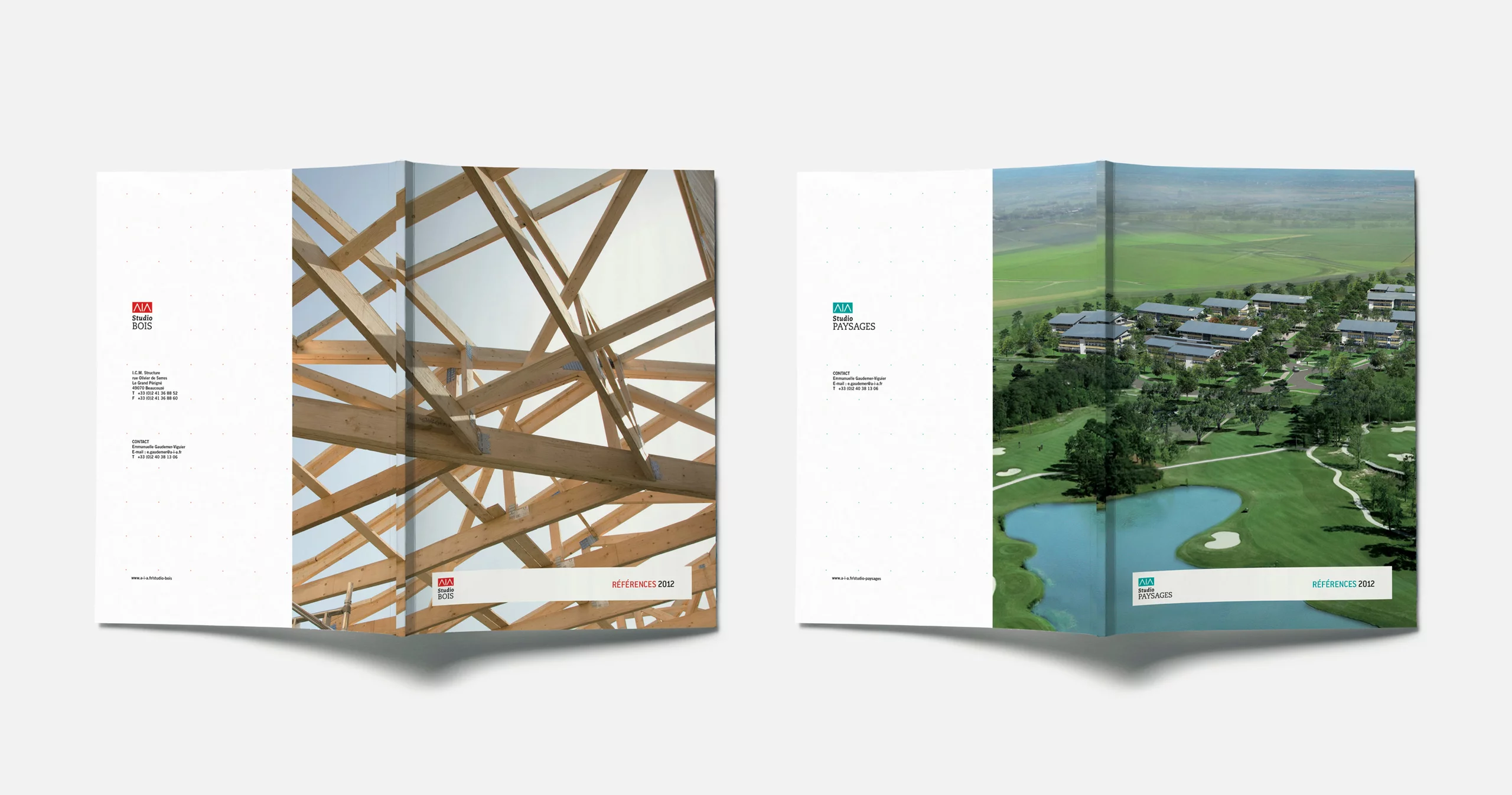 Présentation des couvertures des brochures métiers, avec un grand visuel et beaucoup d'espaces autour du logo et des coordonées
