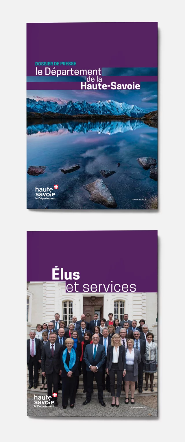 Livret institutionnelle: il est composé d'une couche en haut de page violette avec des chevauchements typographiques pour le texte et une photo