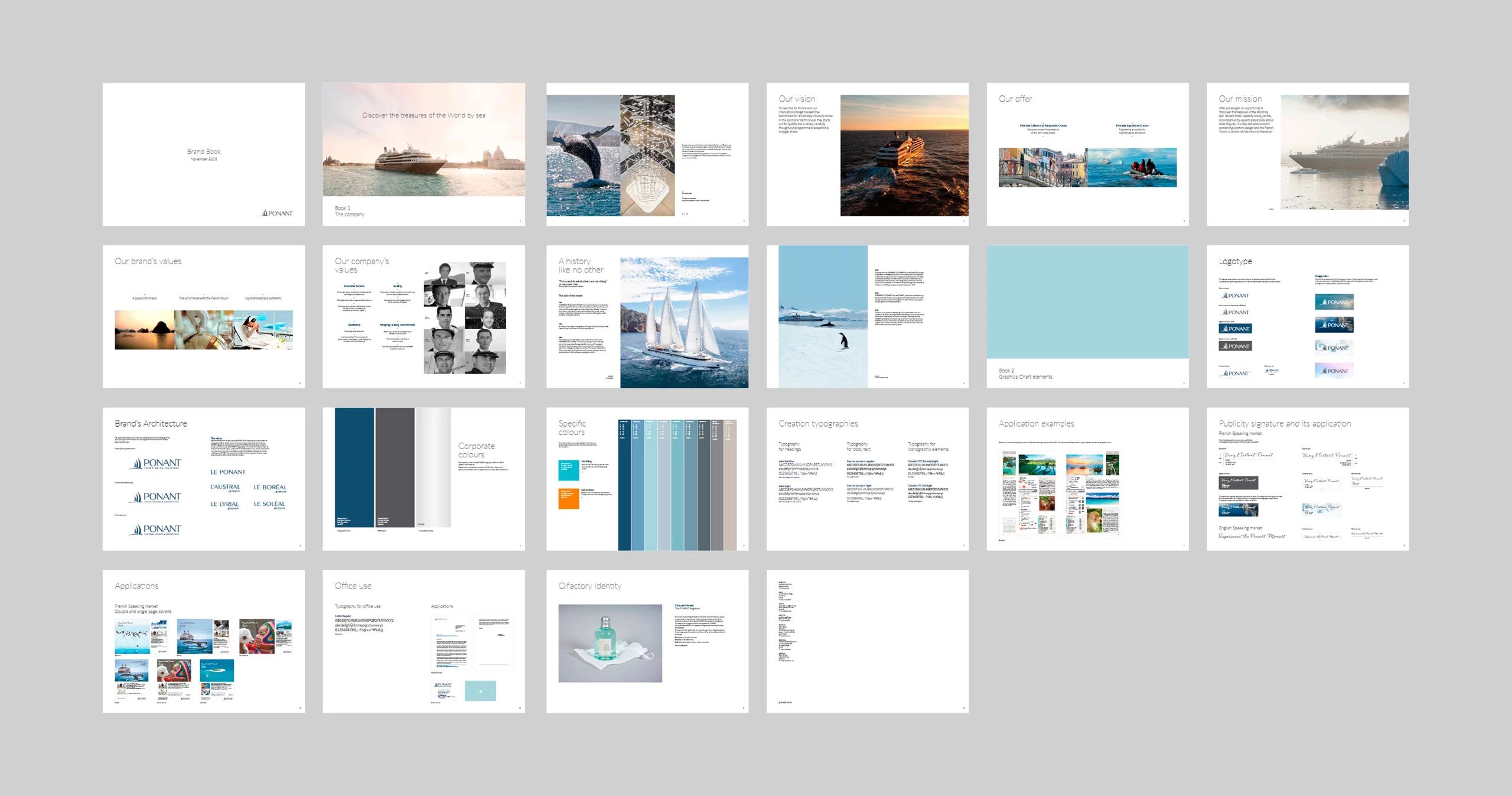 Vue d'ensemble de la charte graphique de Ponant, formulée dans les pages du brandbook