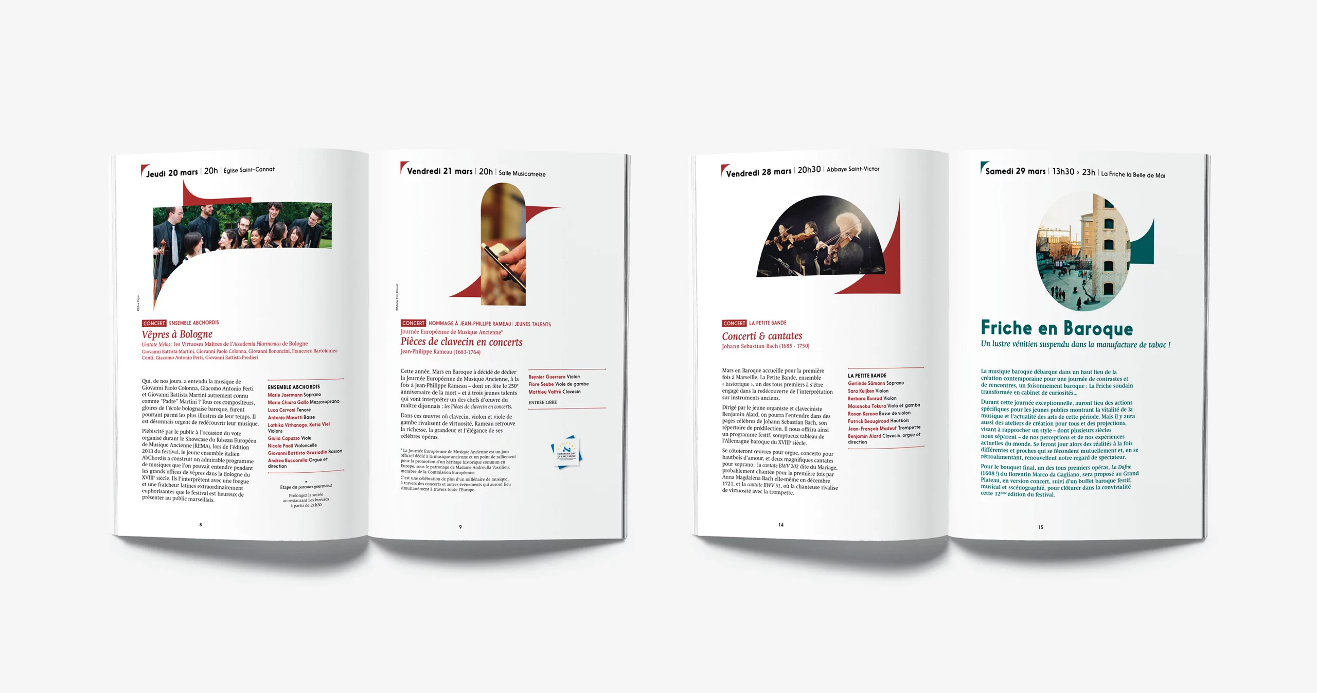 Pages intérieures du programme de l'édition 2014, avec des visuels contenus dans des formes courbes abstraites