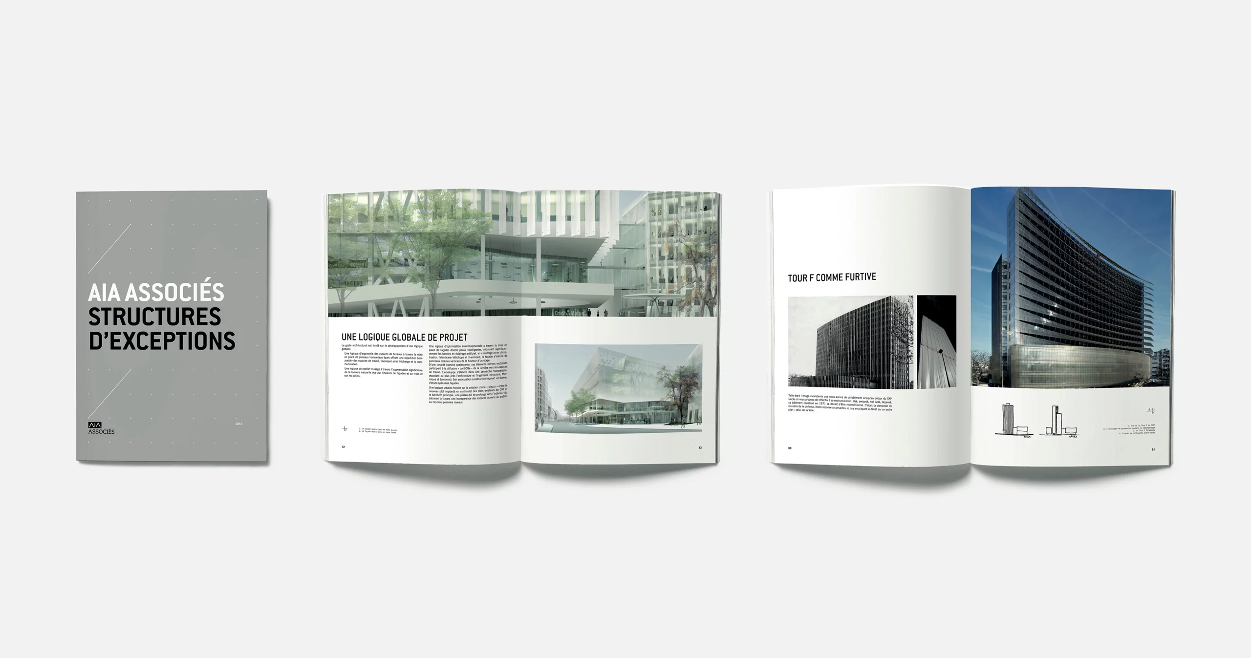 Présentation du catalogue "Structures d’exceptions", les pages intérieures jouent avec des grands visuels et des grandes respirations blanches