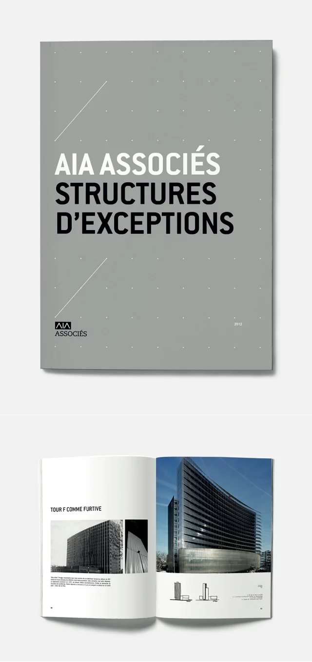 Présentation du catalogue "Structures d’exceptions", les pages intérieures jouent avec des grands visuels et des grandes respirations blanches