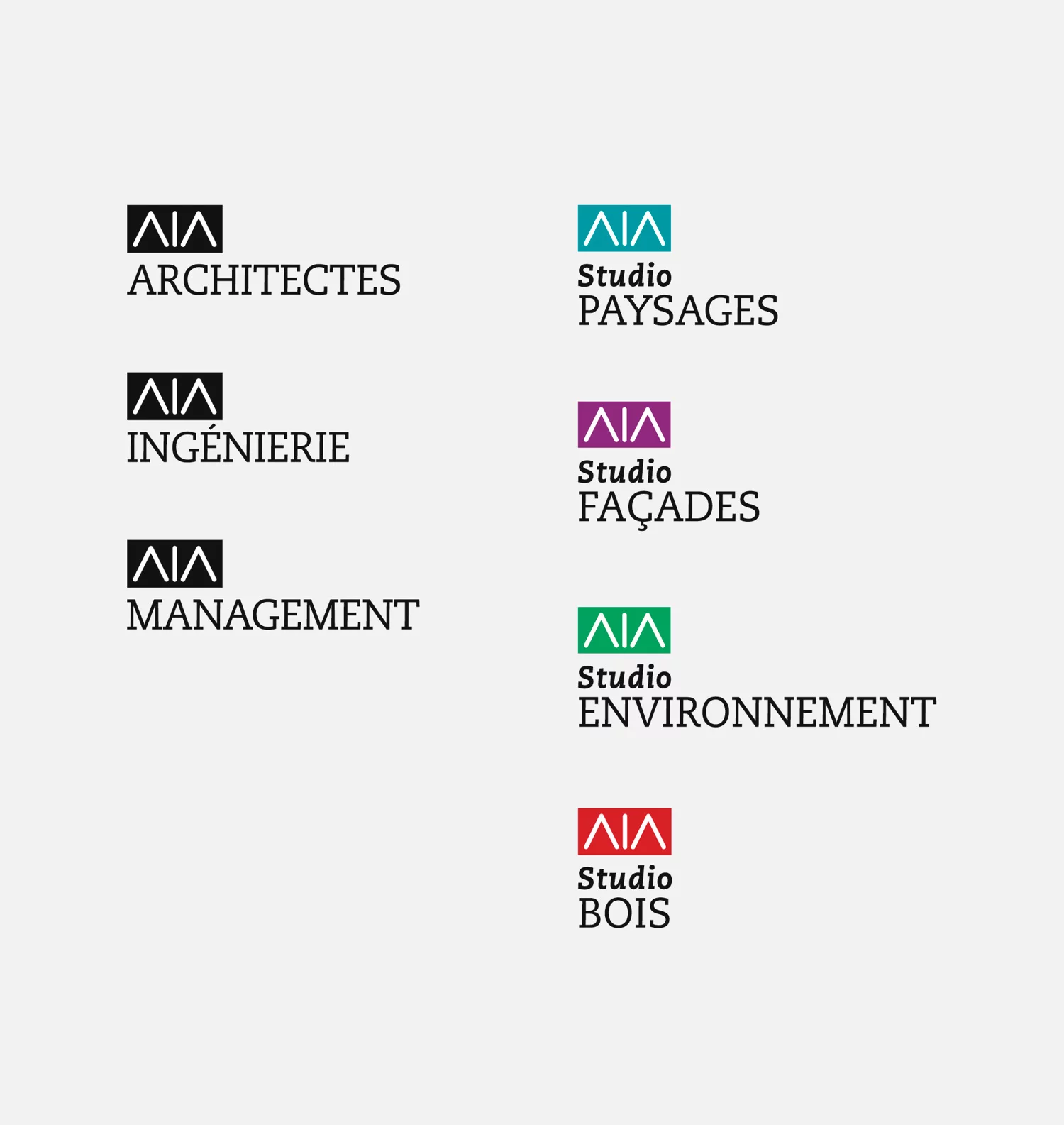 Vue d'ensemble des logotypes des marques et des filiales du groupe. Elles reprennent toutes les lettres AIA en guise de signe commun