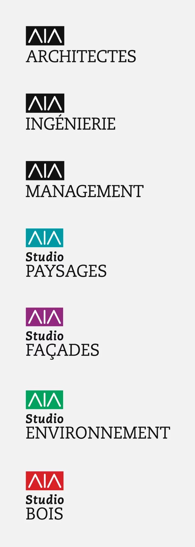 Vue d'ensemble des logotypes des marques et des filiales du groupe. Elles reprennent toutes les lettres AIA en guise de signe commun