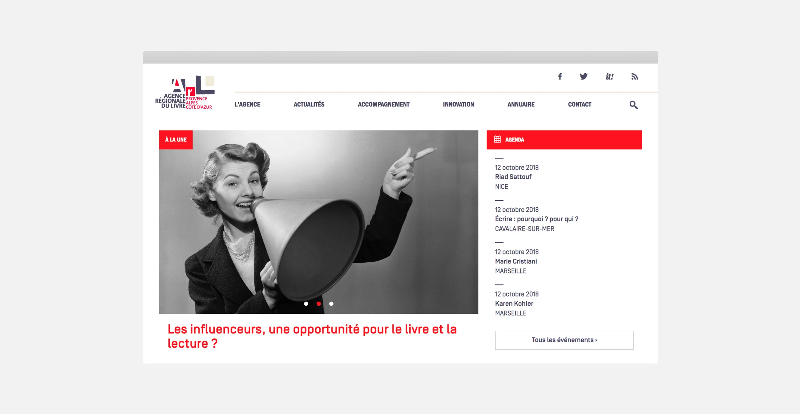 Maquette desktop de la page accueil avec une grande image et un article à la une