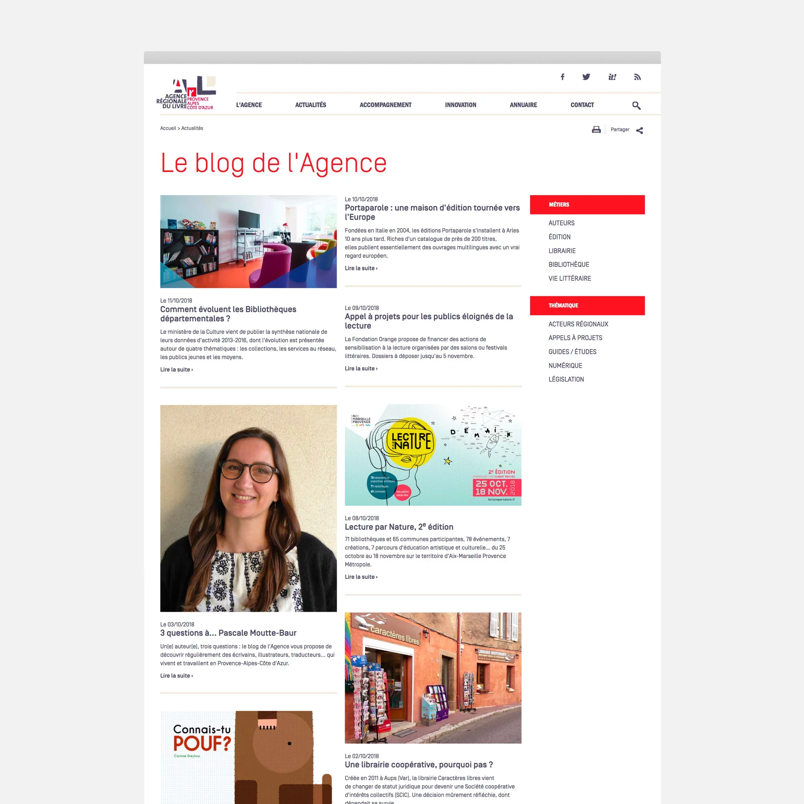 Maquette desktop de la page actualités, avec une liste des actus, et des filtres par catégories