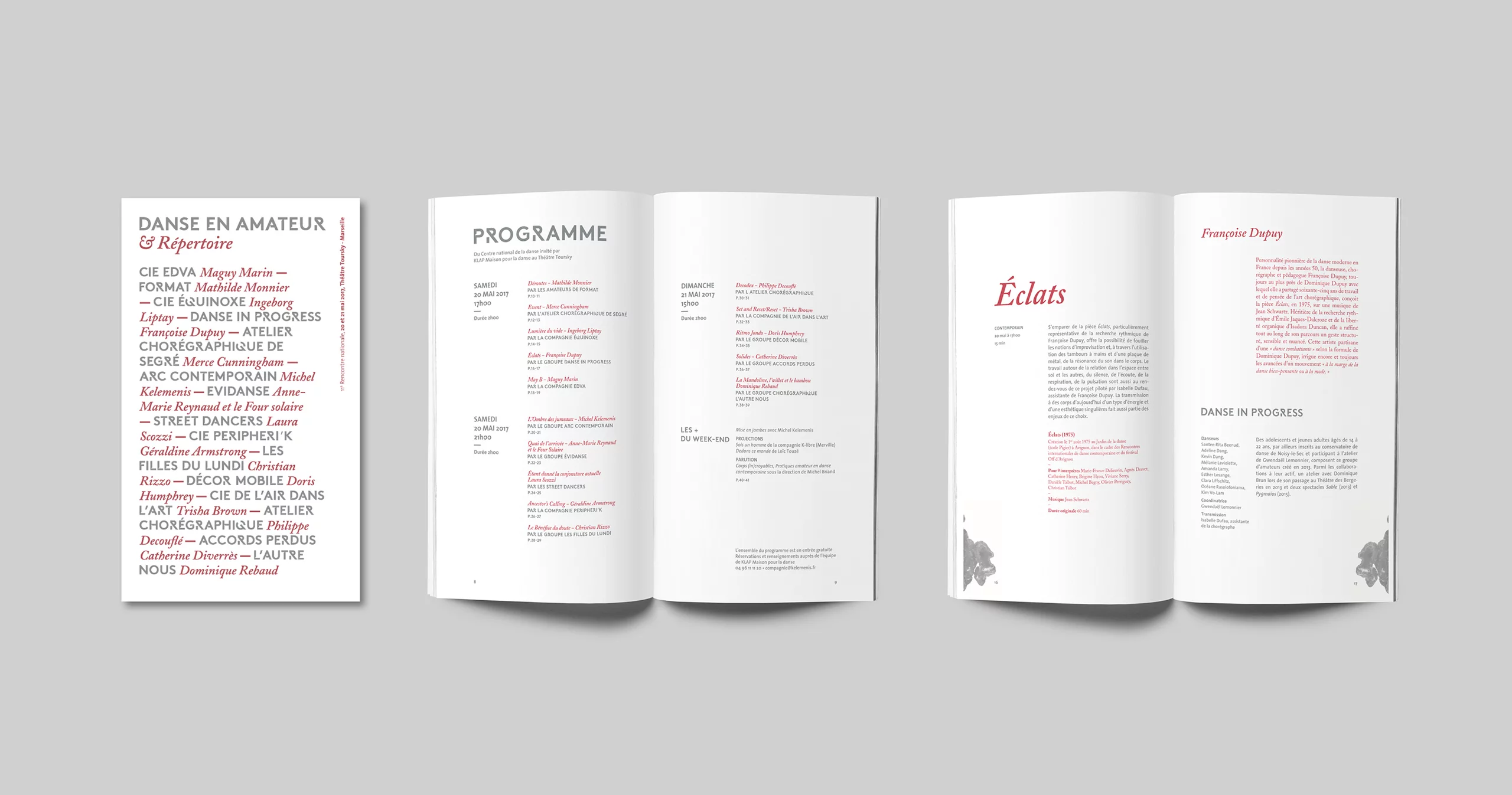 Couverture et page intérieure de la brochure Danse en Amateur & Répertoire. Jeux de contrastes typographiques entre des lettres capitales et des lettres italiques