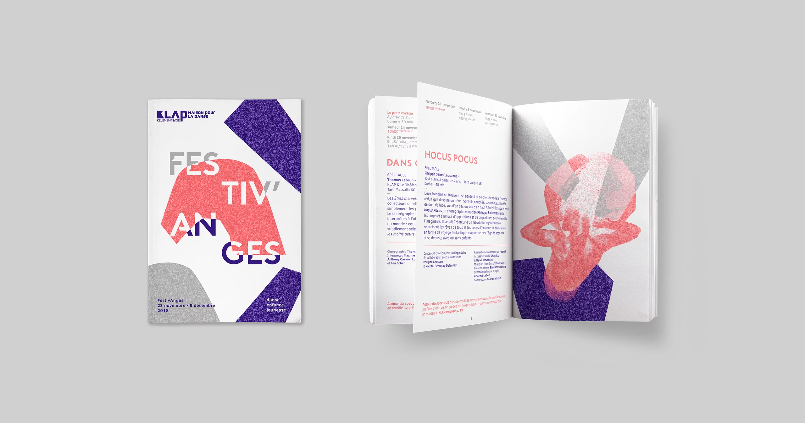 Couverture et page intérieure de brochure Festivanges 2018. Photomontage de formes abstraites découpées jouant avec la typographie et personnages