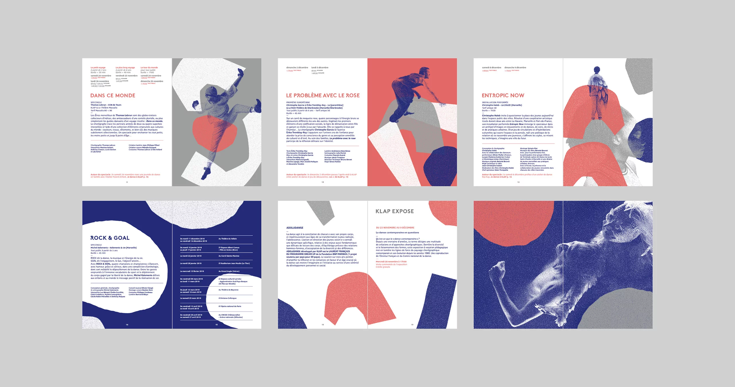 Pages intérieures de brochure Festivanges 2018. Déploiement des photomontages de formes abstraites découpées jouant avec la typographie et personnages