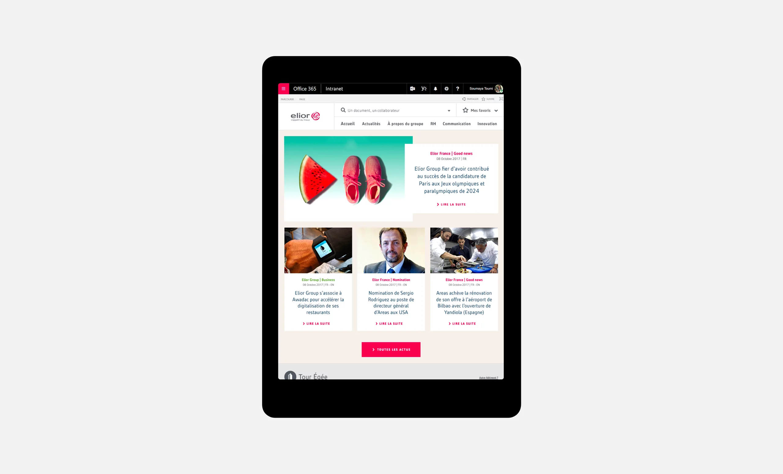 Maquette tablette de la page d'accueil de l'intranet Elior Group, avec des actus à la une