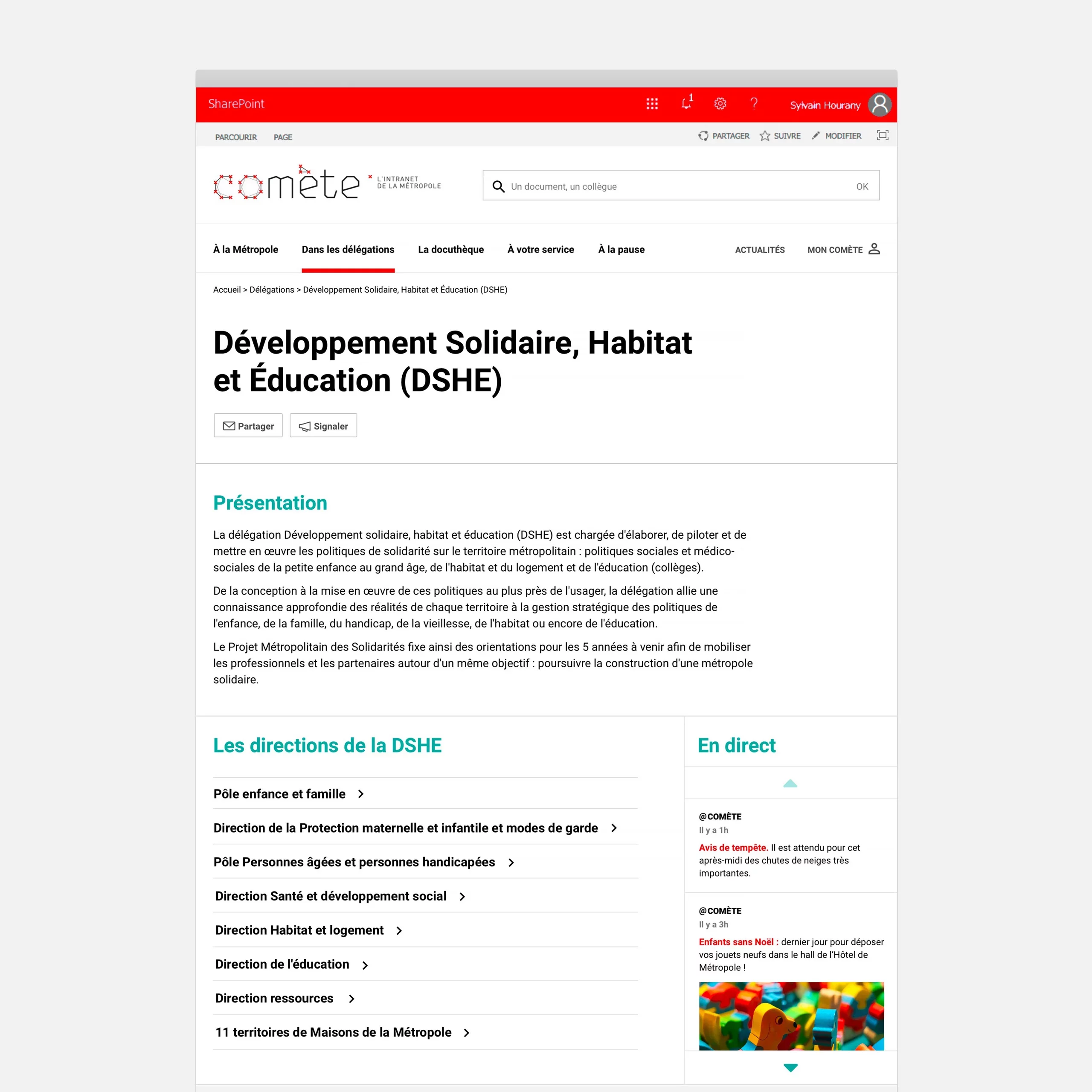 Page détail desktop d'une délégations, elle se compose d'une présentation, une liste avec les réprésentants associés, les actualités, les liens et documents utiles...