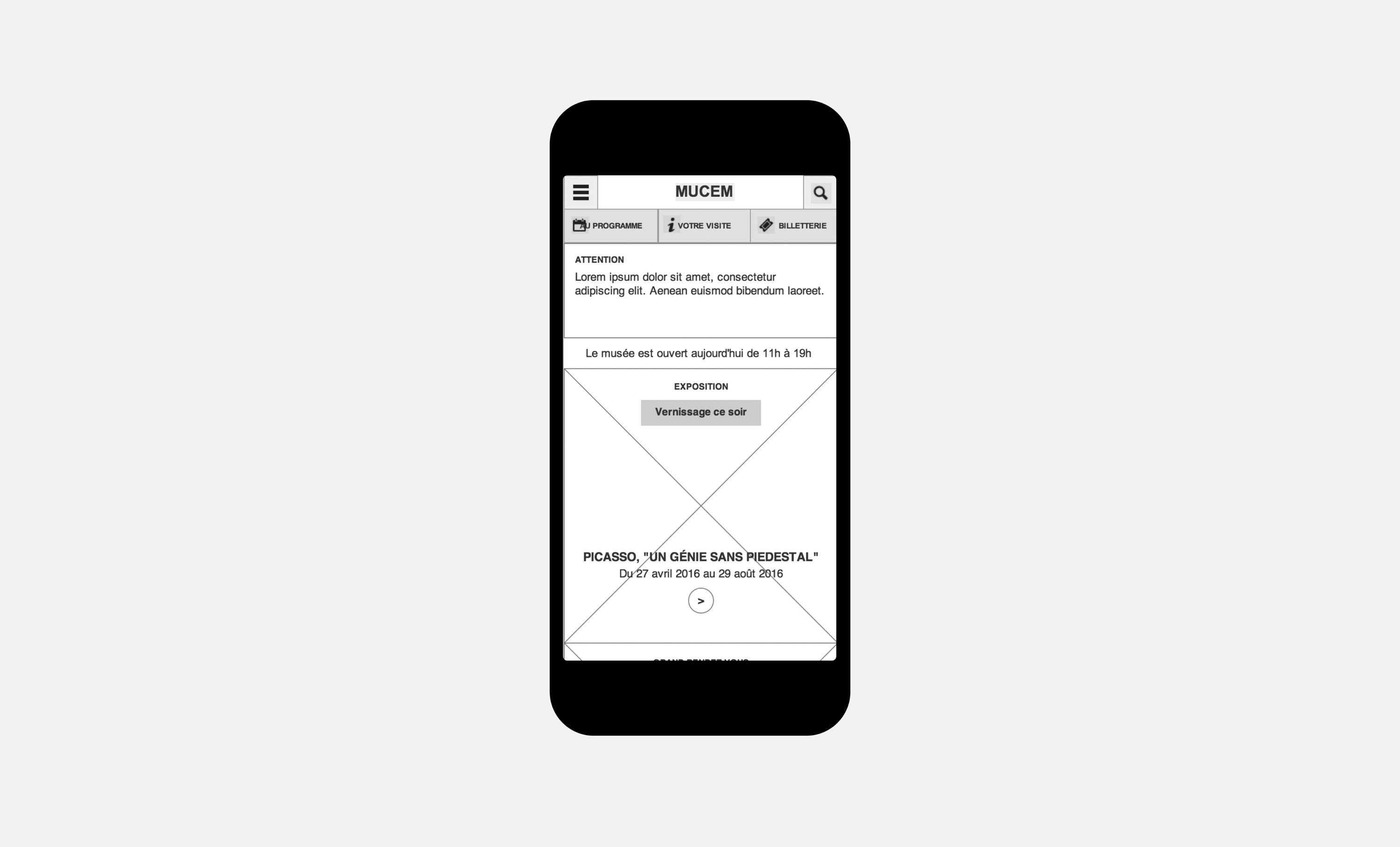 Maquette UX de la homepage du site du Mucem en format mobile, avec les horaires d'ouvertures du musée et les expos à la une