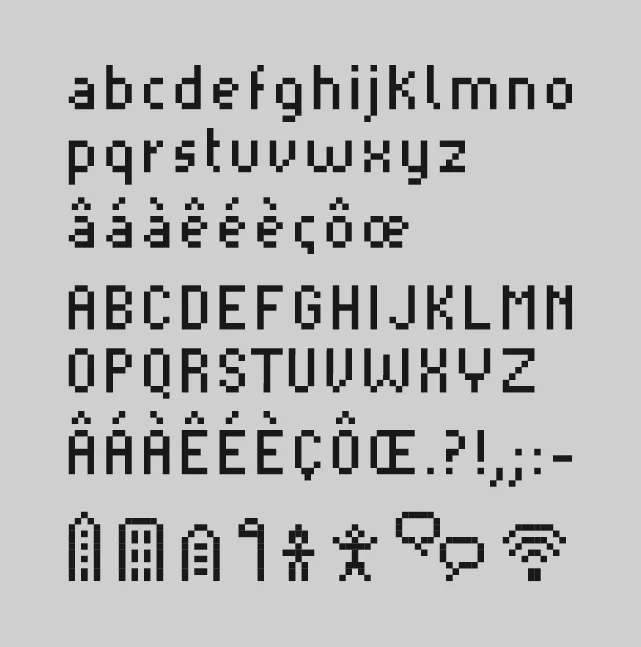 Vue d'ensemble de la typographie du logo Le liberté, la typographie est composée de carrés, comme des pixels