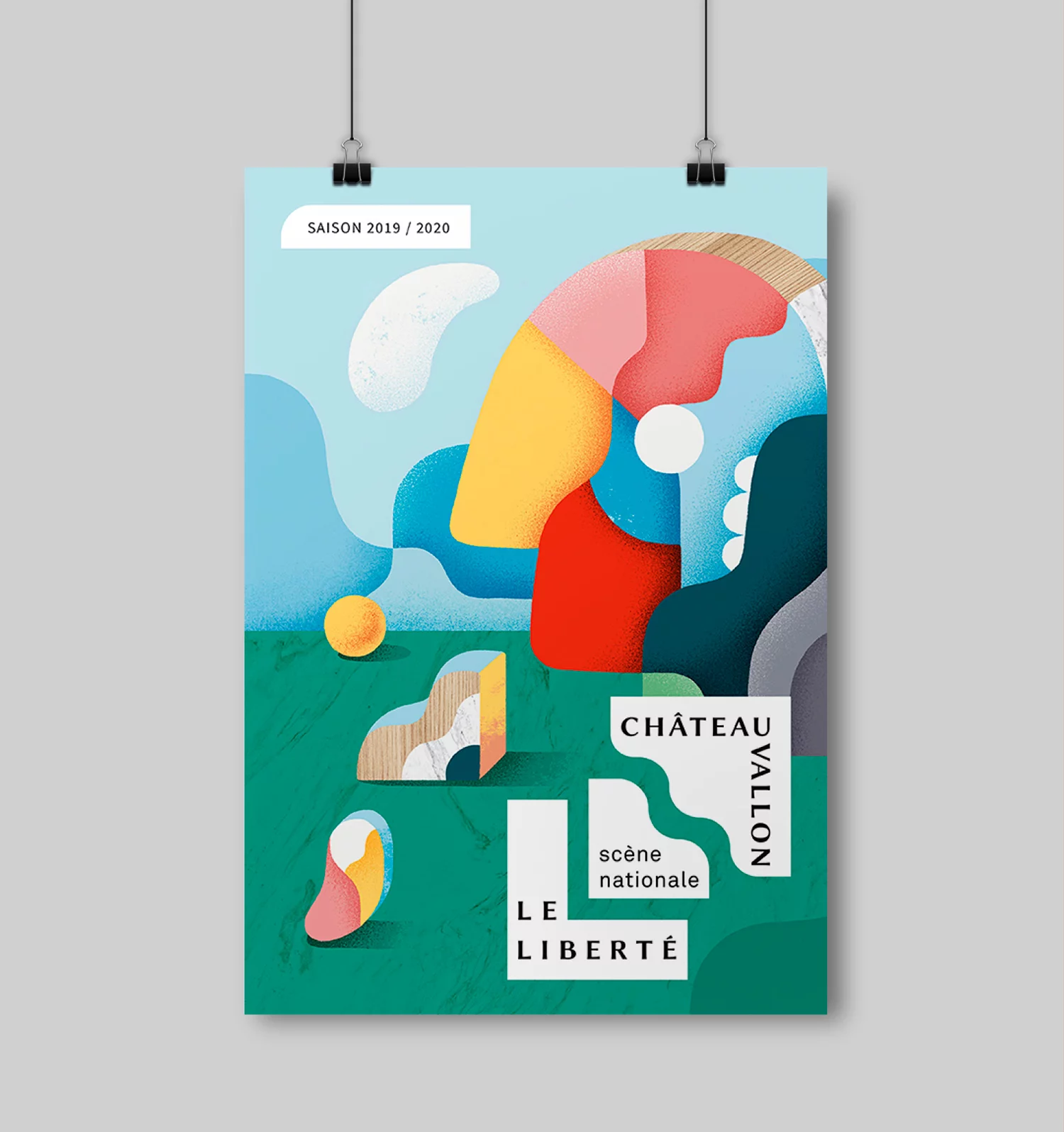 Affiche de la Scène Nationale Châteauvallon-Liberté, reprenant le principe d'illustration de la couverture composée de formes colorés et de textures