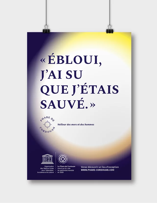 Design de l'affiche du Phare de Cordouan, avec un halo lumineux qui éclaire la citation