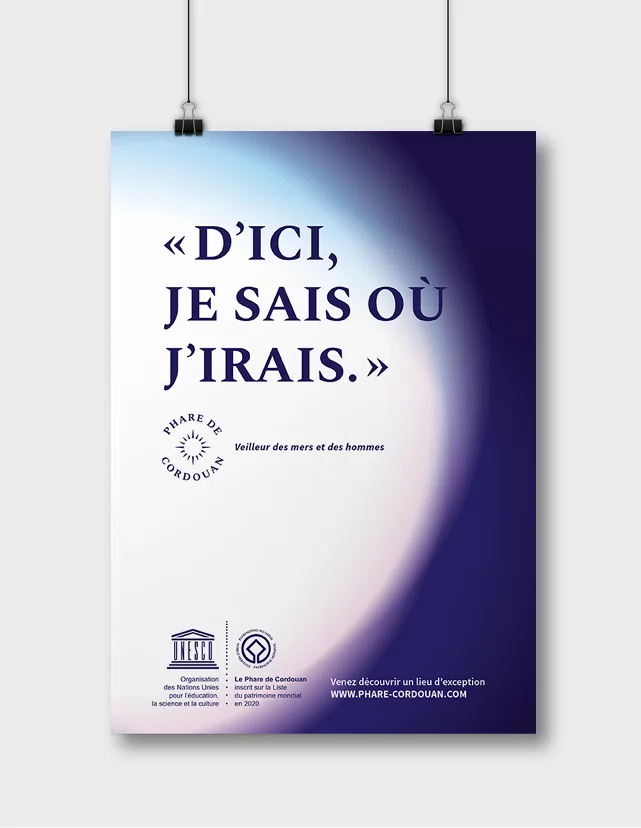 Design de l'affiche du Phare de Cordouan, avec un halo lumineux qui éclaire la citation