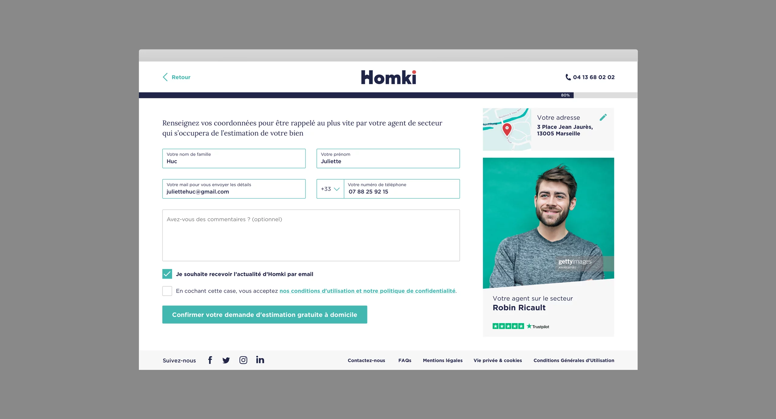 Maquette UI desktop du formulaire client du site web de l'agence immobilière Homki