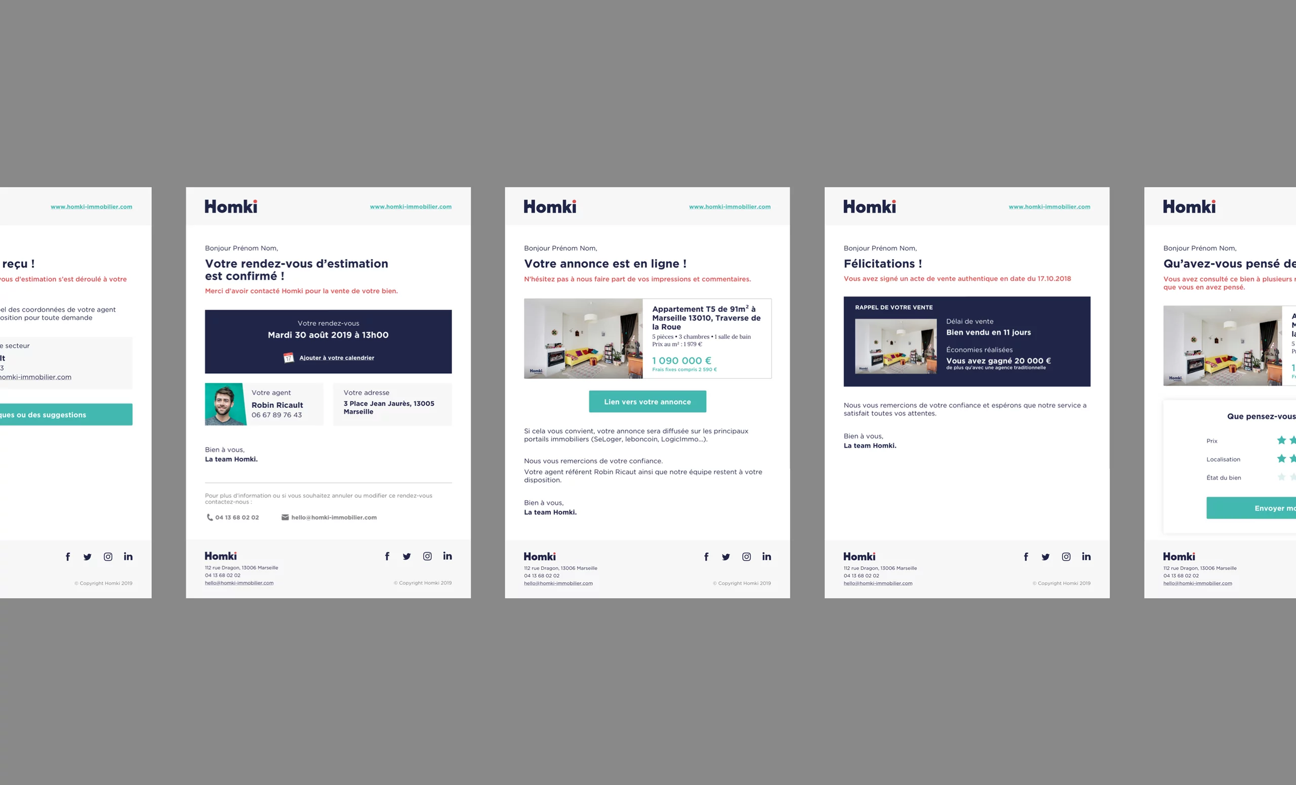 Vue d'ensemble du design des email envoyés aux clients de l'agence immobilière Homki