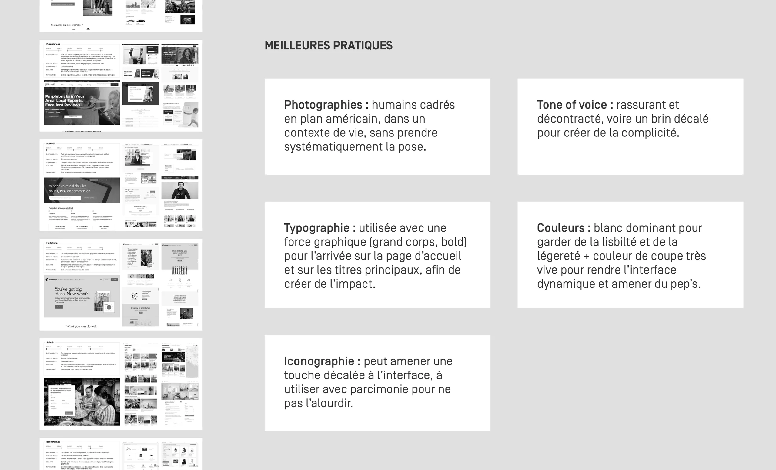 Mise en avant de plusieurs blocs textuels pour présenter les meilleurs pratiques pour le site web de l'agence immobilière Homki