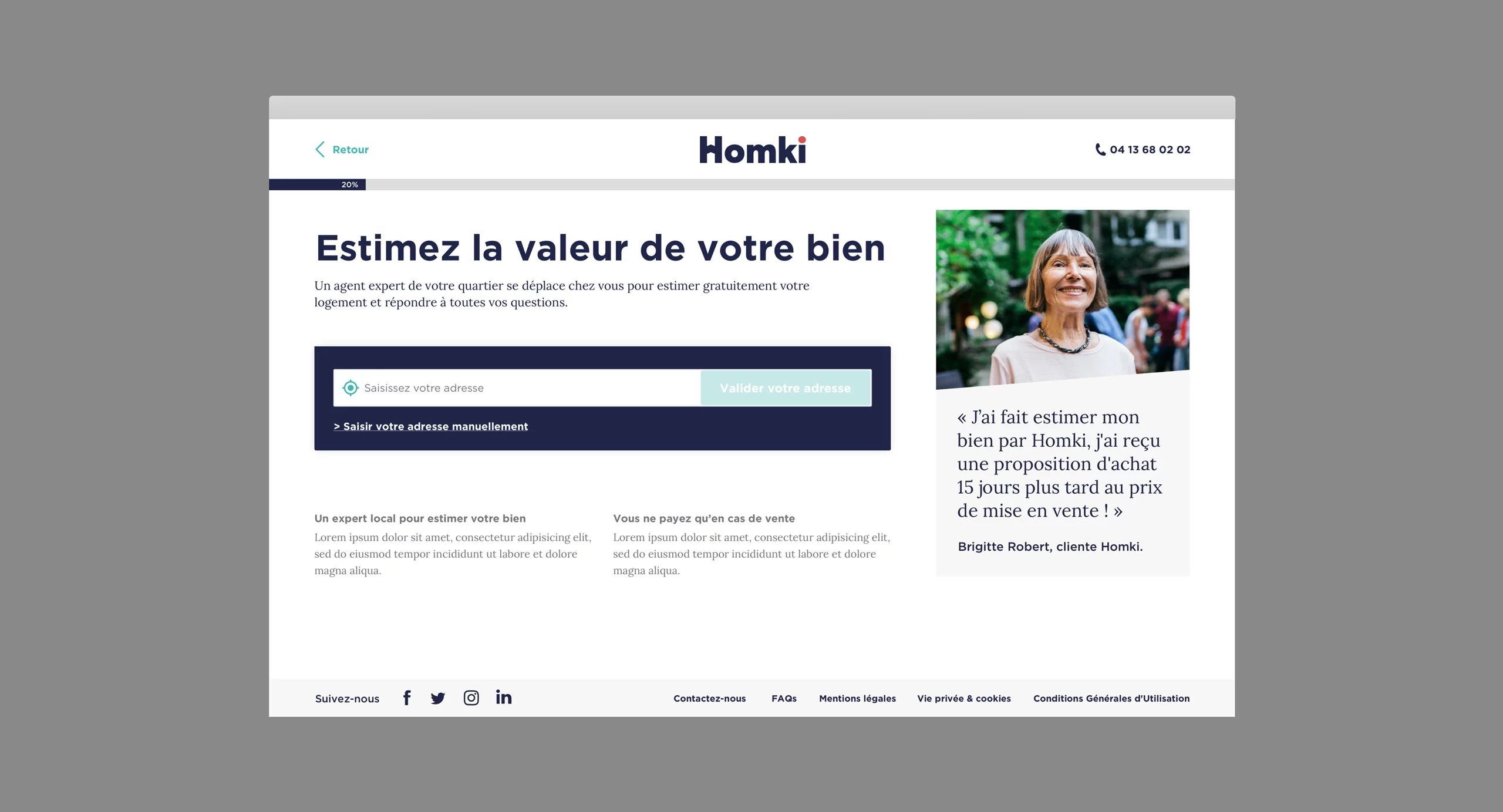 Maquette UI desktop de la première étape du tunnel d'estimation d'un bien du site web de l'agence immobilière Homki