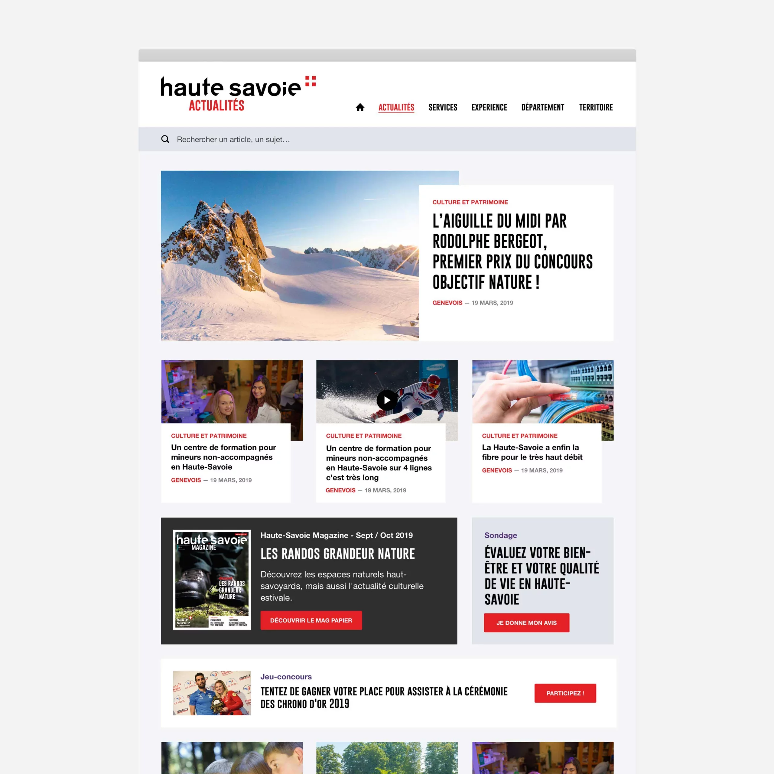 Maquette UI desktop de la page d'accueil du site d'actualités de la Haute-Savoie, avec une grande actu à la une, et le thème du mois mis en avant