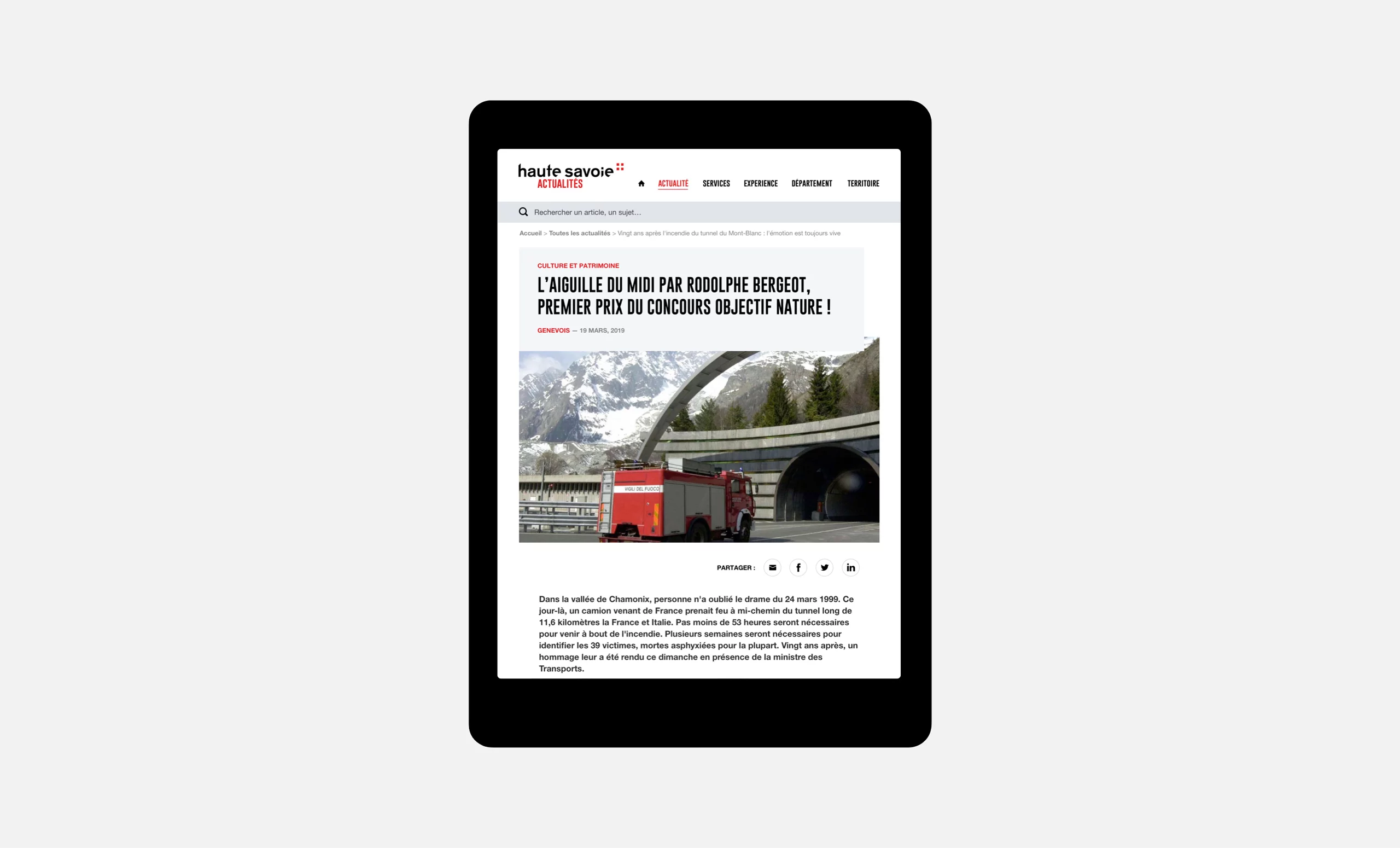 Maquette UI format tablette d'une page article du site d'actualités de la Haute-Savoie