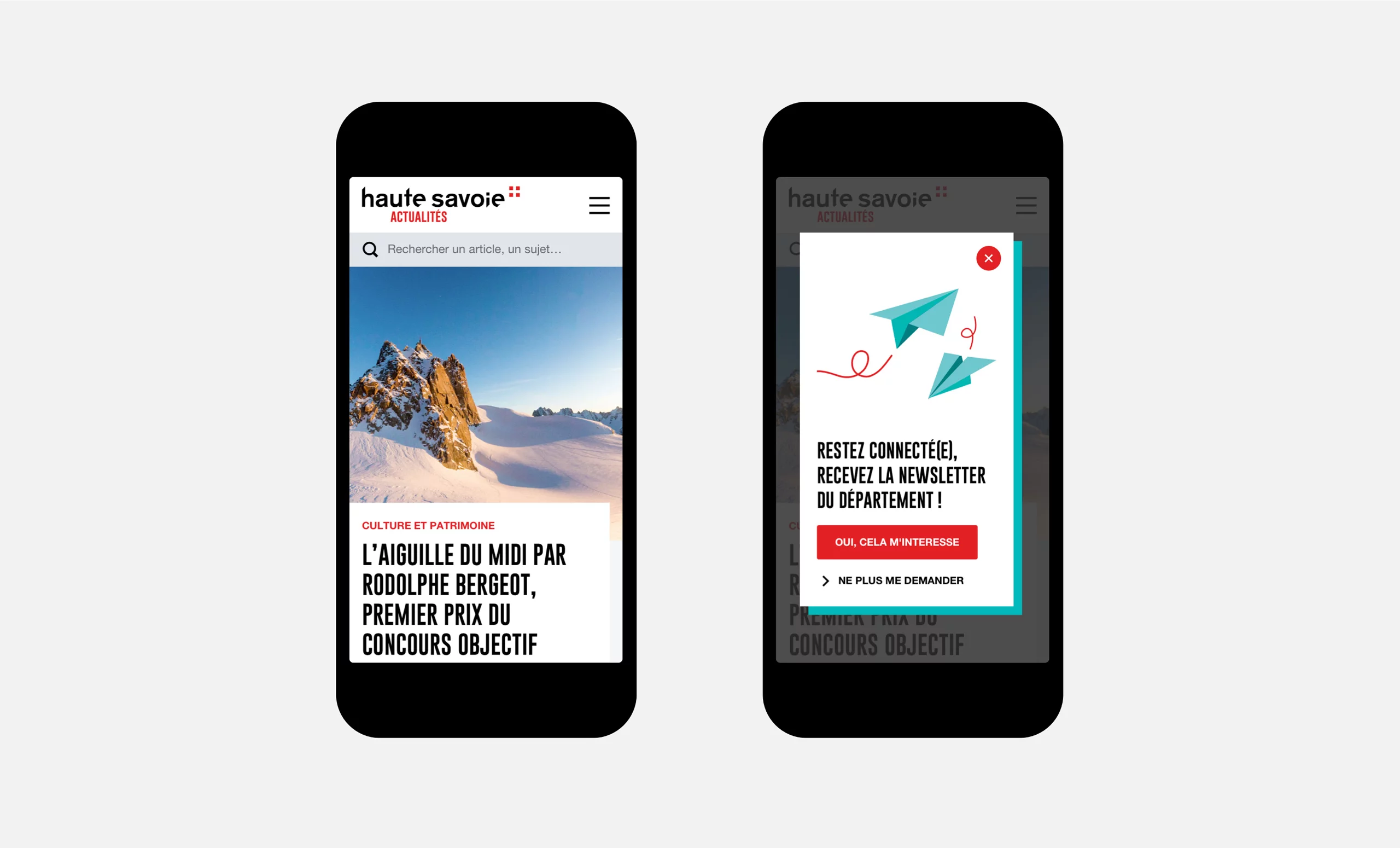Maquettes UI format mobile de deux écrans du site d'actualités de la Haute-Savoie