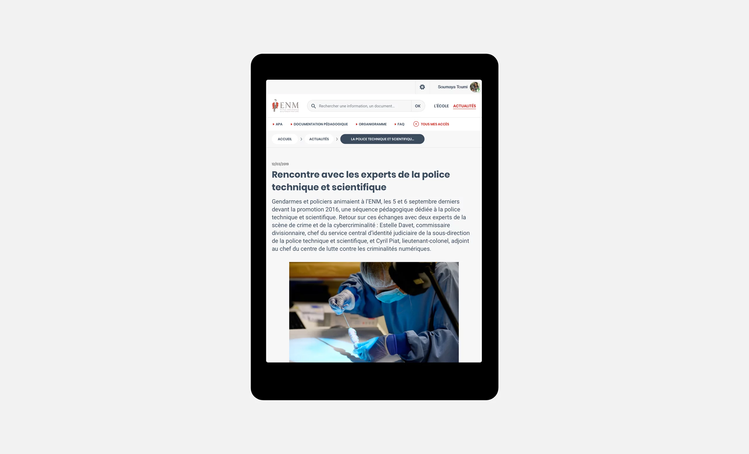 Déclinaison tablette d'un écran du site