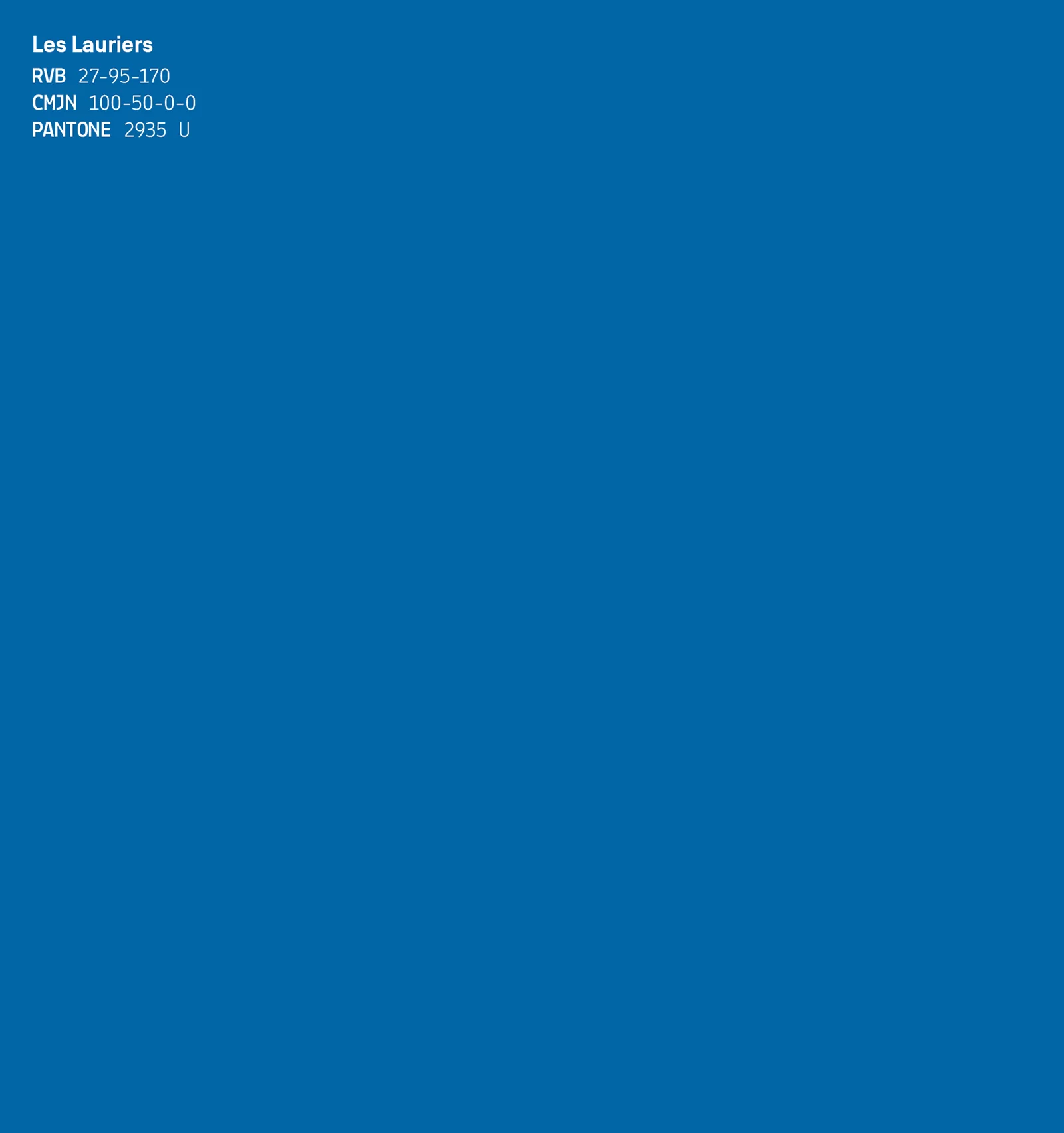 Aplat de couleur bleu nommé Les Lauriers, accompagné de ses codes colorimétriques (RVB, CMJN, Pantone)