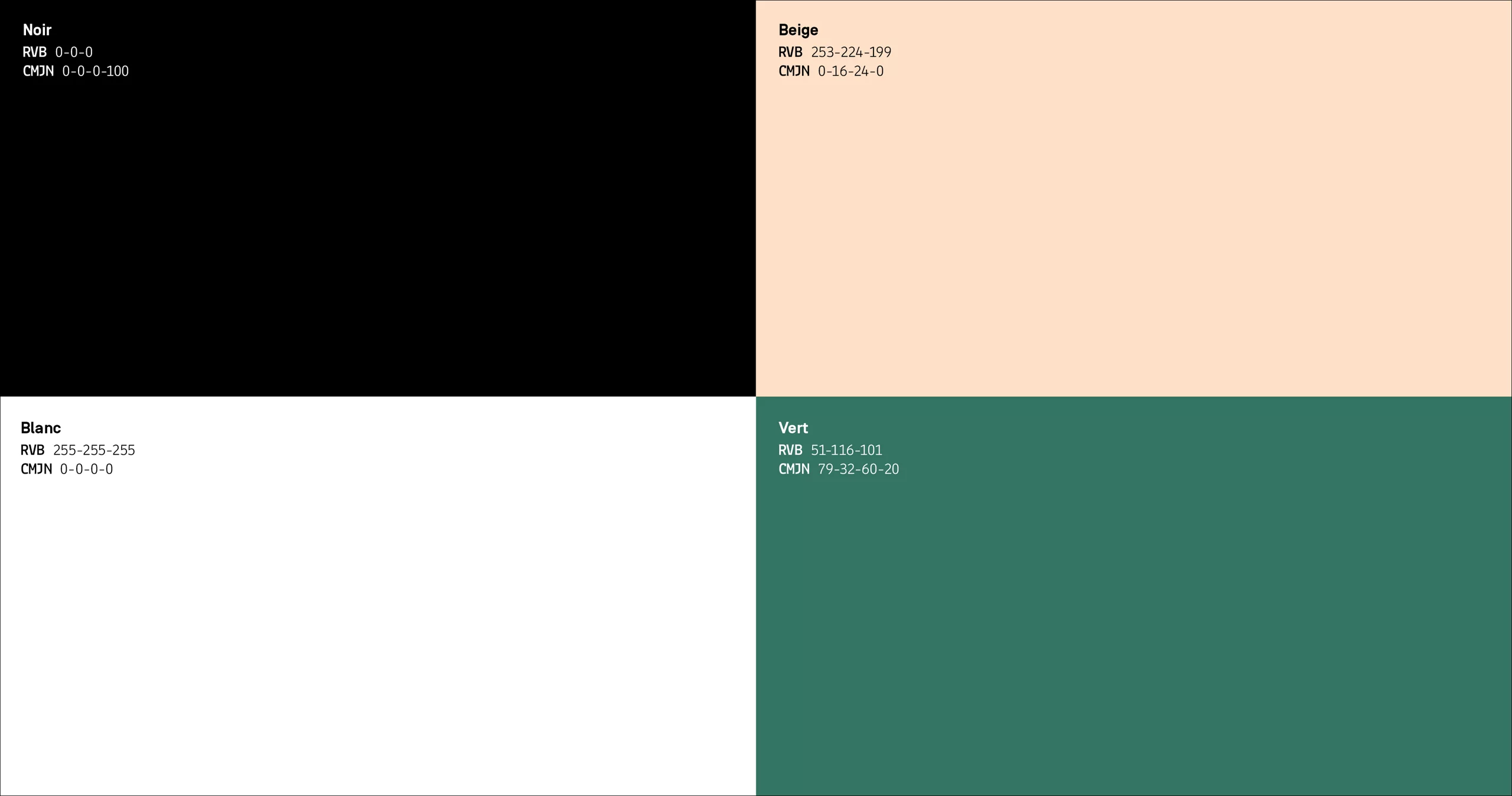 Ensemble d'aplats de couleurs accompagnés de leurs codes coloriétriques : noir, beige, blanc, vert