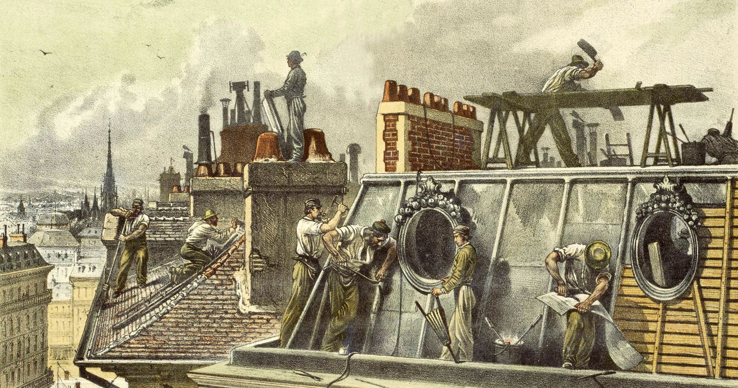 Image historique des toits de Paris, des artisants de différent corps de métier travaille