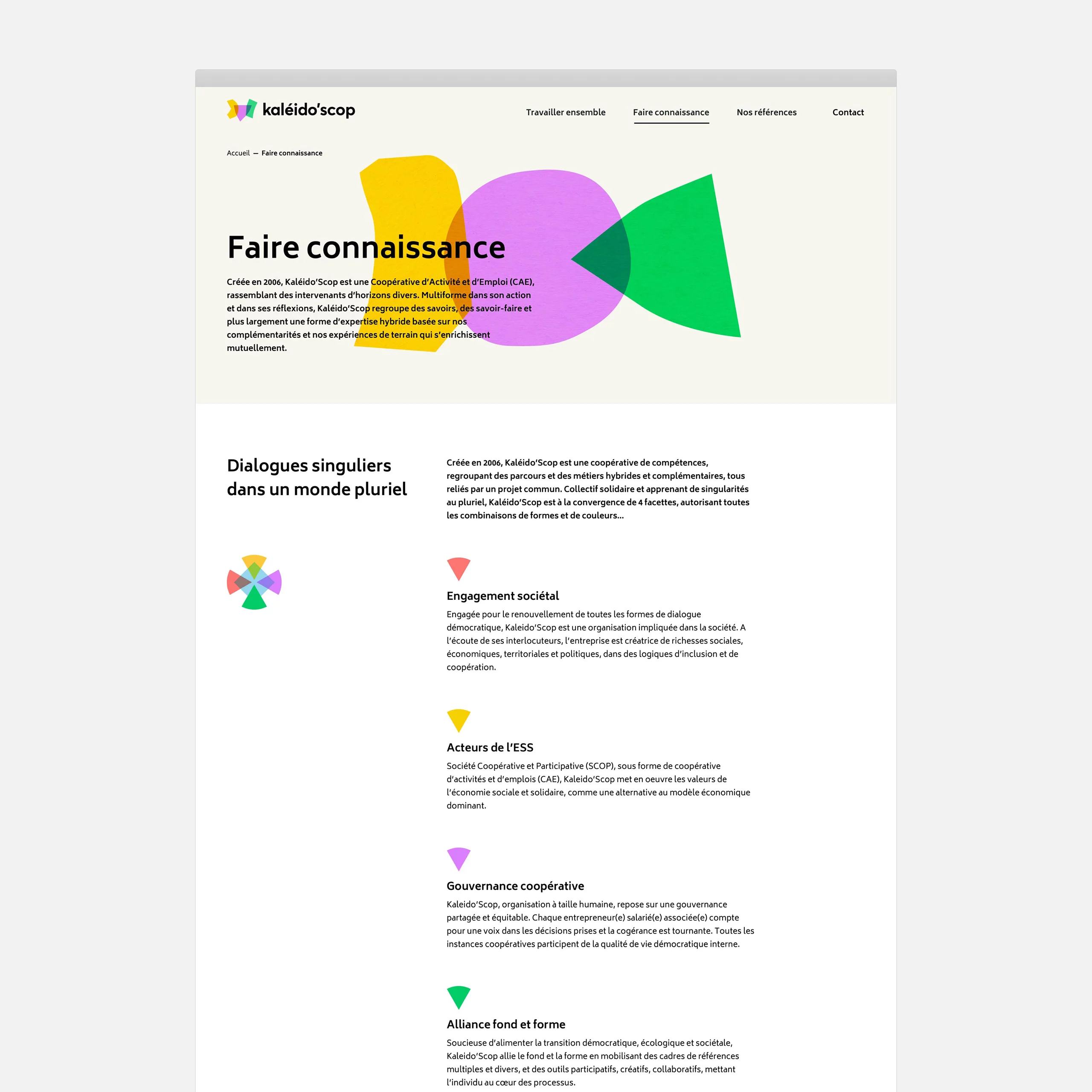 Page "Faire connaissance" du site Kaléido'scop, avec de grandes formes graphiques abstraites en une