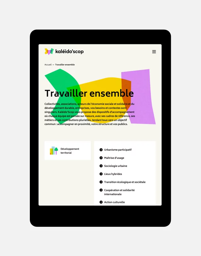 Design UX/UI tablette de la page travailler ensemble du site Kaléido'scop