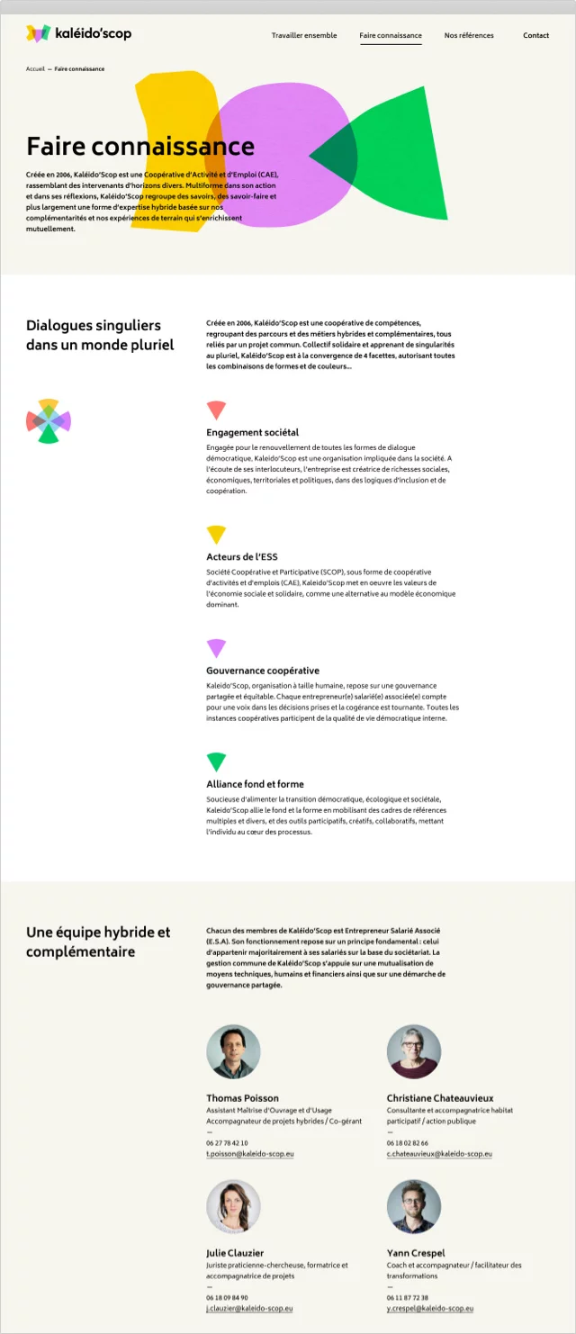 Design UX/UI desktop de la page Faire connaissance du site Kaléido'scop