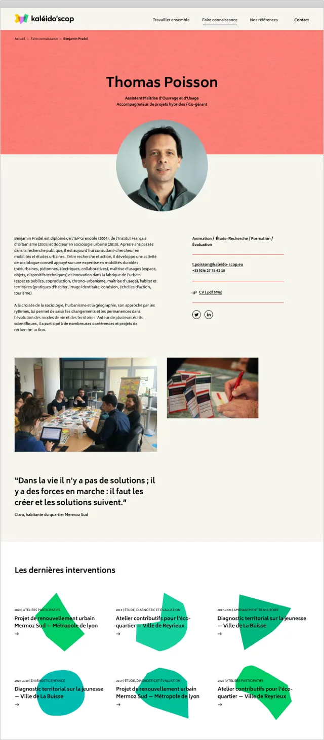 Design UX/UI desktop de la fiche portrait d'un membre de l'équipe du site Kaléido'scop
