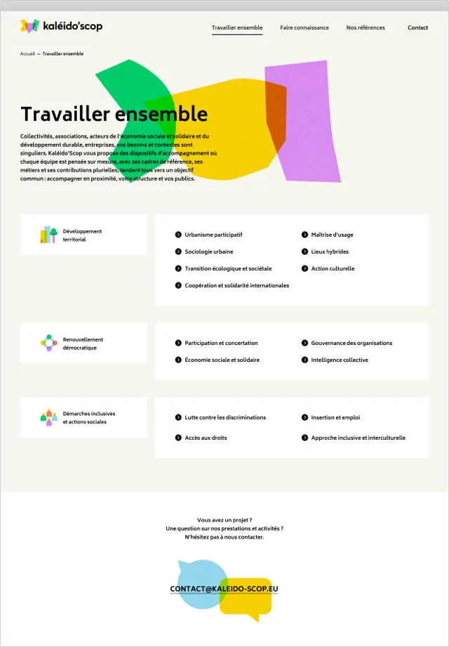 Design UX/UI desktop de la fiche travailler ensemble du site Kaléido'scop